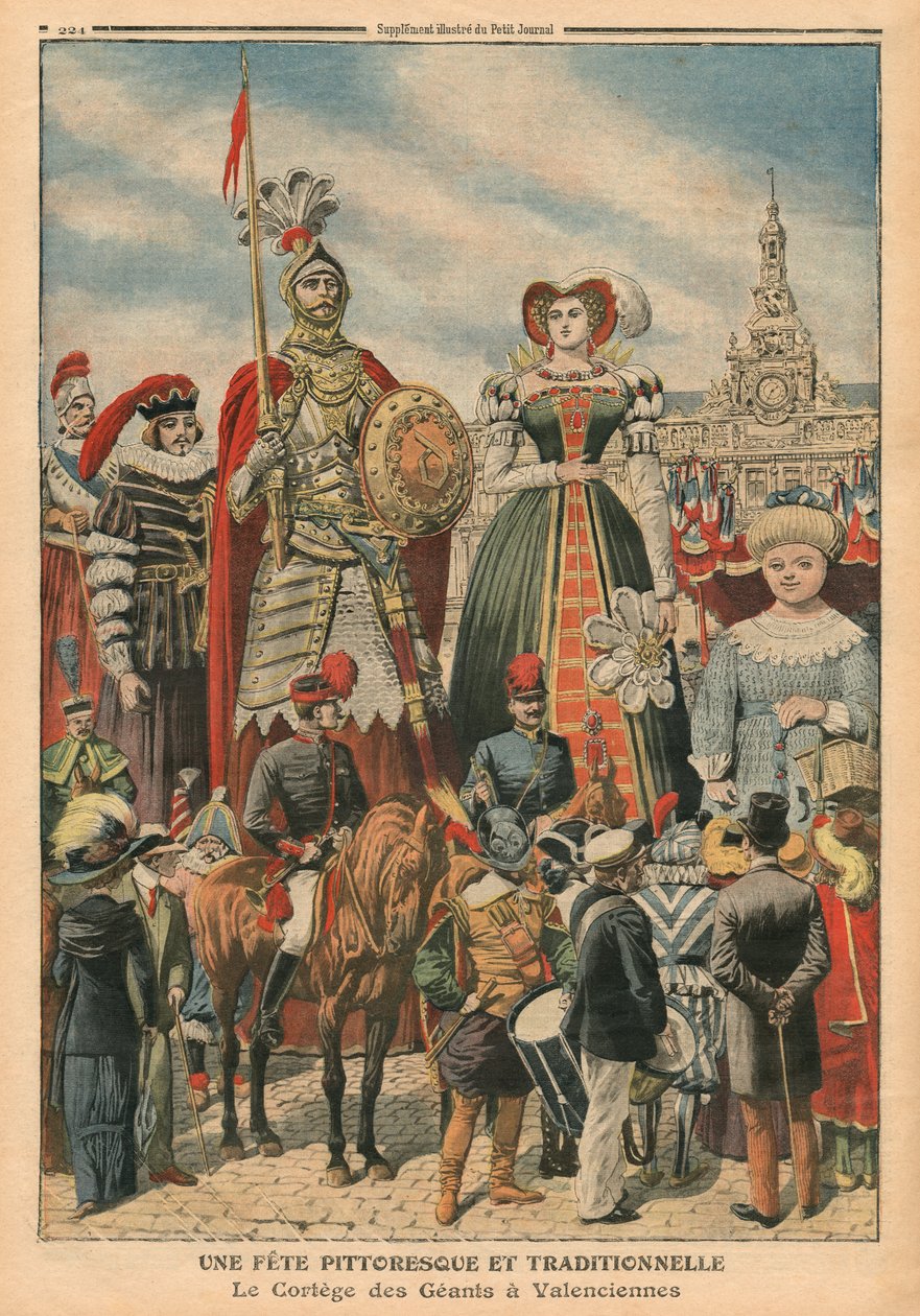 En malerisk og traditionel fest, giganternes procession i Valenciennes, illustration fra 