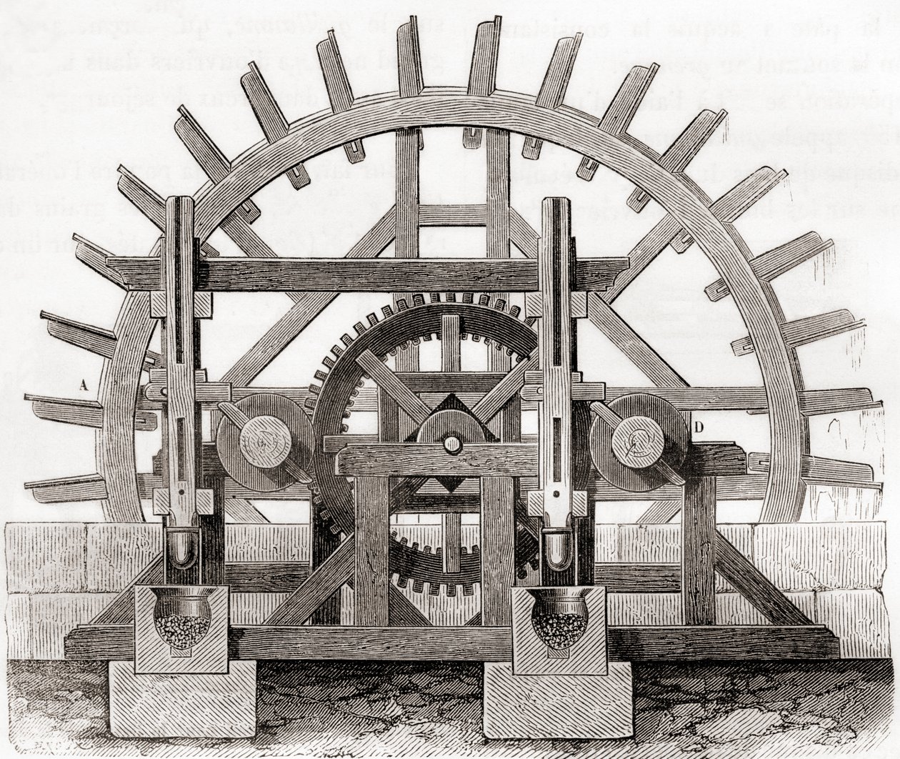 En pulvermølle og dens vandhjul, efter en tegning fra det 19. århundrede, fra Les Merveilles de la Science, udgivet ca. 1870 (gravering) af French School