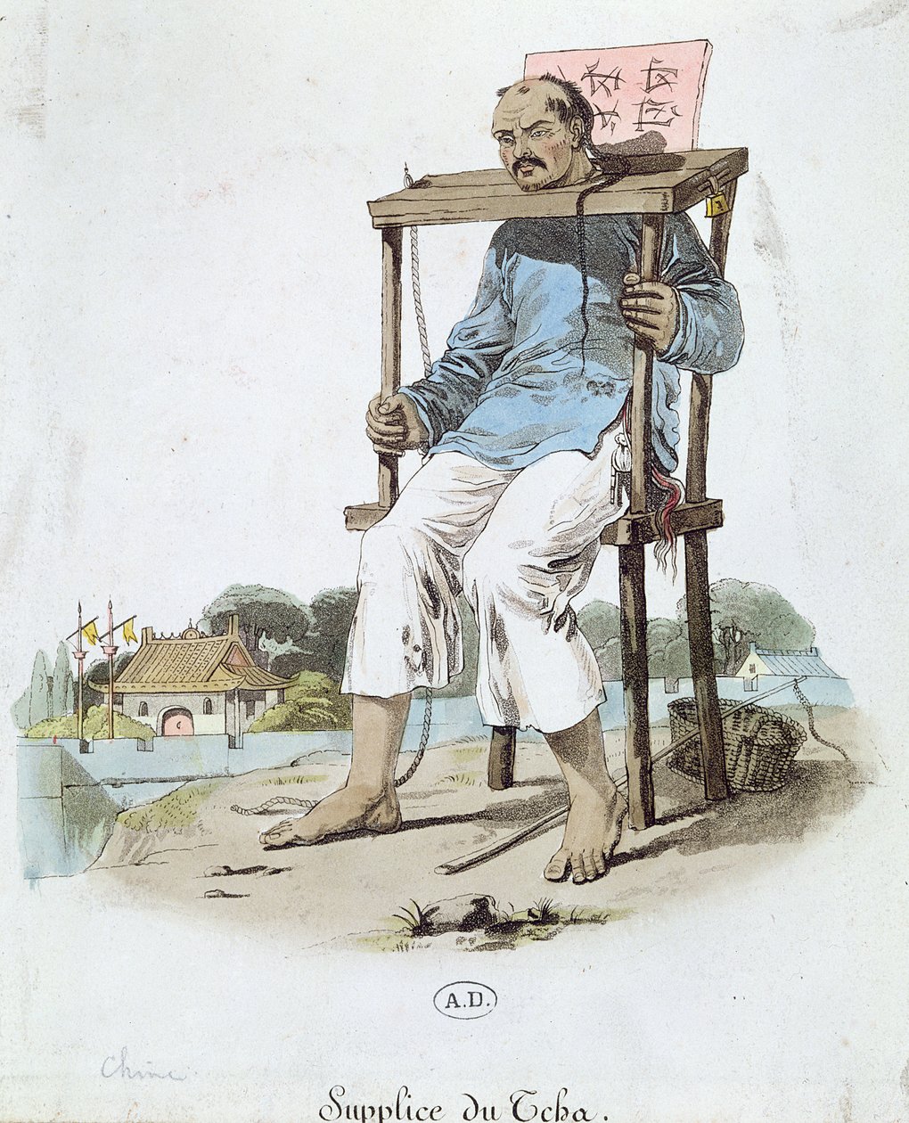 En fange i Cangue i Kina, ca. 1800 (farvegravering) af French School
