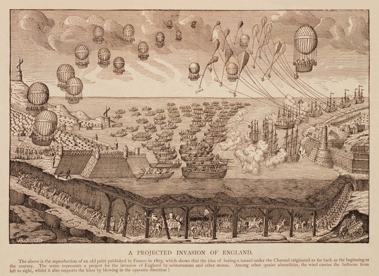 En forventet invasion af England, gengivelse af fransk tryk fra 1803 af French School