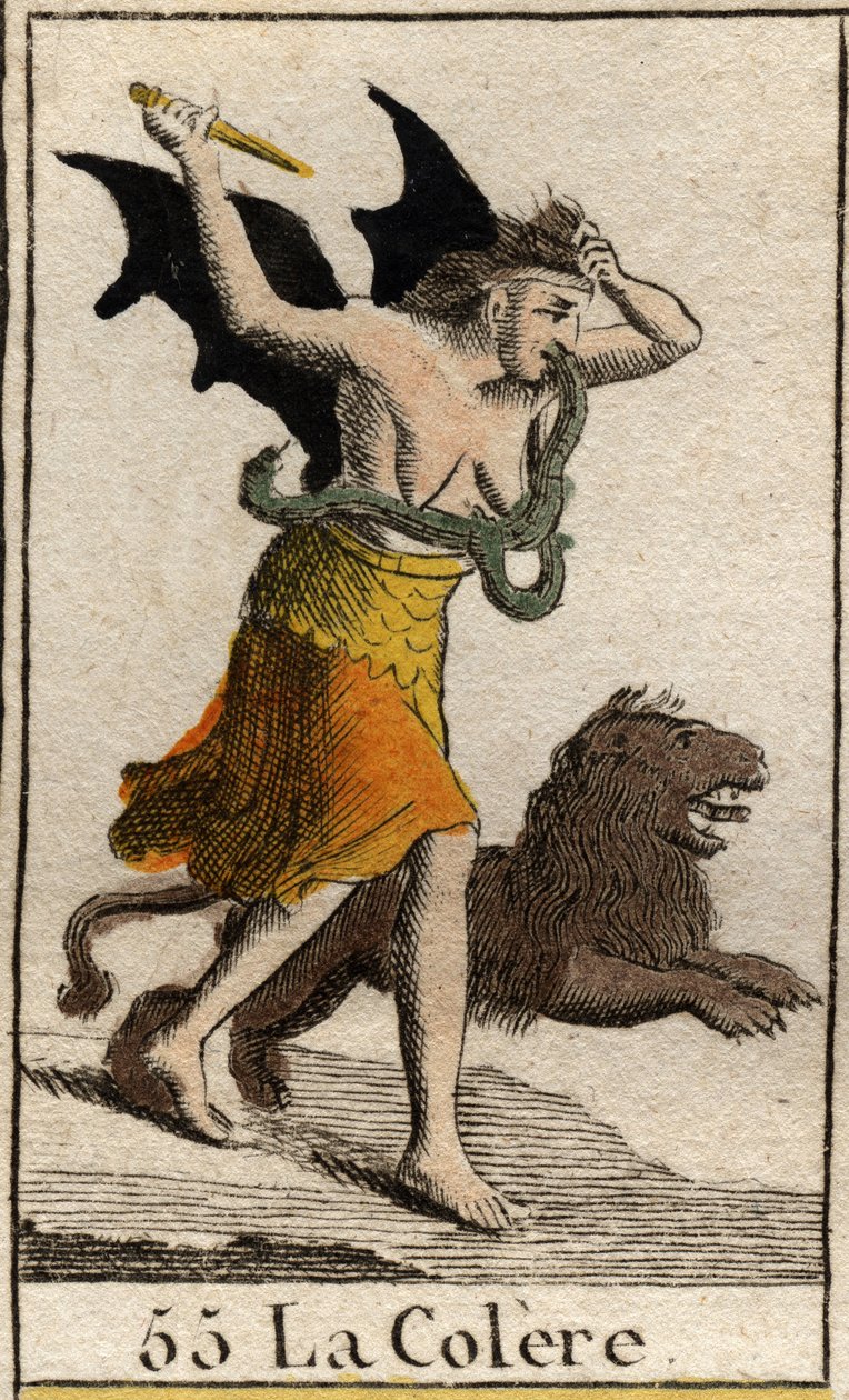 En repræsentation af vrede klædt i skår, hun holder en dolk og river sit hår af. (Repræsentation af Vred, klædt med pletter, hun holder en kniv og river sit hår af). Fra "Mythology of Youth" af Pierre Blanchard 1803. af French School