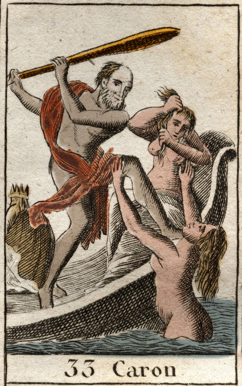 En repræsentation af Charon (eller Caron), der går i underverdenen, giver den afdøde mulighed for at krydse floden Acheron (eller Styx). (Charon (eller Kharon) er helvedes færgemand, han bærer sjælene på sin båd for at krydse floden Acheron (eller Styx)).  af French School