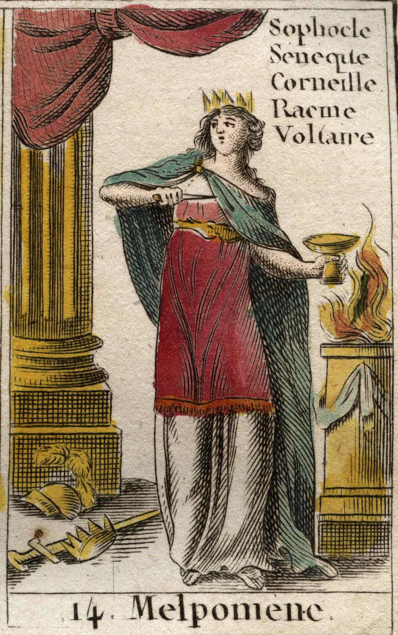En repræsentation af melpomene, tragediemuse, hun bærer en krone, et scepter og en dolk, samt en kop gift (Repræsentation af Melpomene, Tragedien Muse, med en krone, en tragisk maske, en kniv og en kop af gift Fra "Mythology of Youth" af af French School