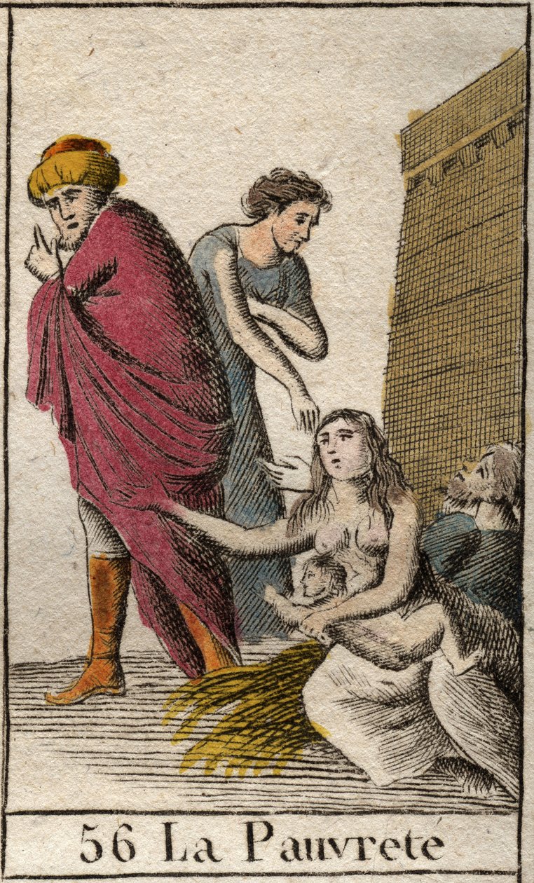 En repræsentation af fattigdom, barfodet og klædt i skår, sidder hun på halm. (Repræsentation af Fattigheden, klædt med lasninger, barfodet, hun sidder på halm). Fra "Mythology of Youth" af Pierre Blanchard 1803. af French School