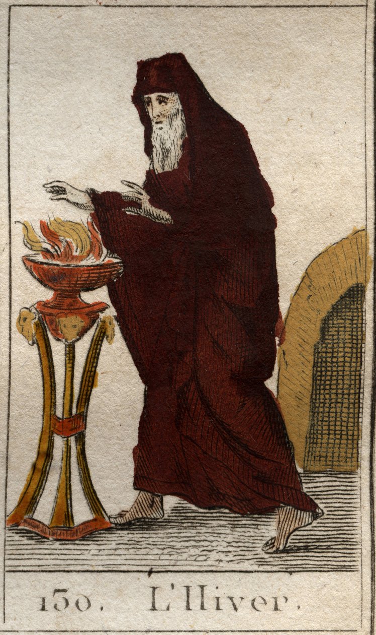 En fremstilling af vintersæsonen som en gammel mand, der genopvarmer sig selv ved et bål. (Vinteren repræsenteret som en gammel mand, der forsøger at varme sig op ved et bål). Fra "Mythology of Youth" af Pierre Blanchard 1803. af French School