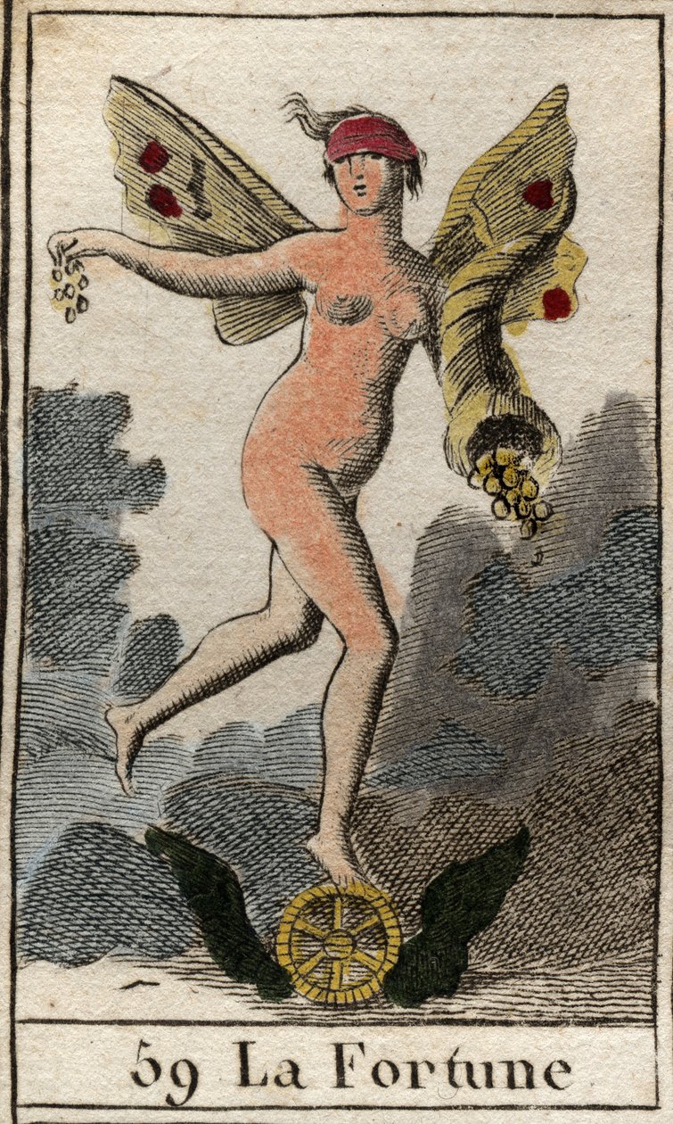 En repræsentation af tilfældighedsgudinden Fortune (Fortuna), hun bestemmer det gode og det onde for mennesker, holder et horn af overflod og står på et hjul. (Repræsentation af Fortuna, lykkens gudinde, hun bestemmer over, hvad der skal ske med mennesker, af French School