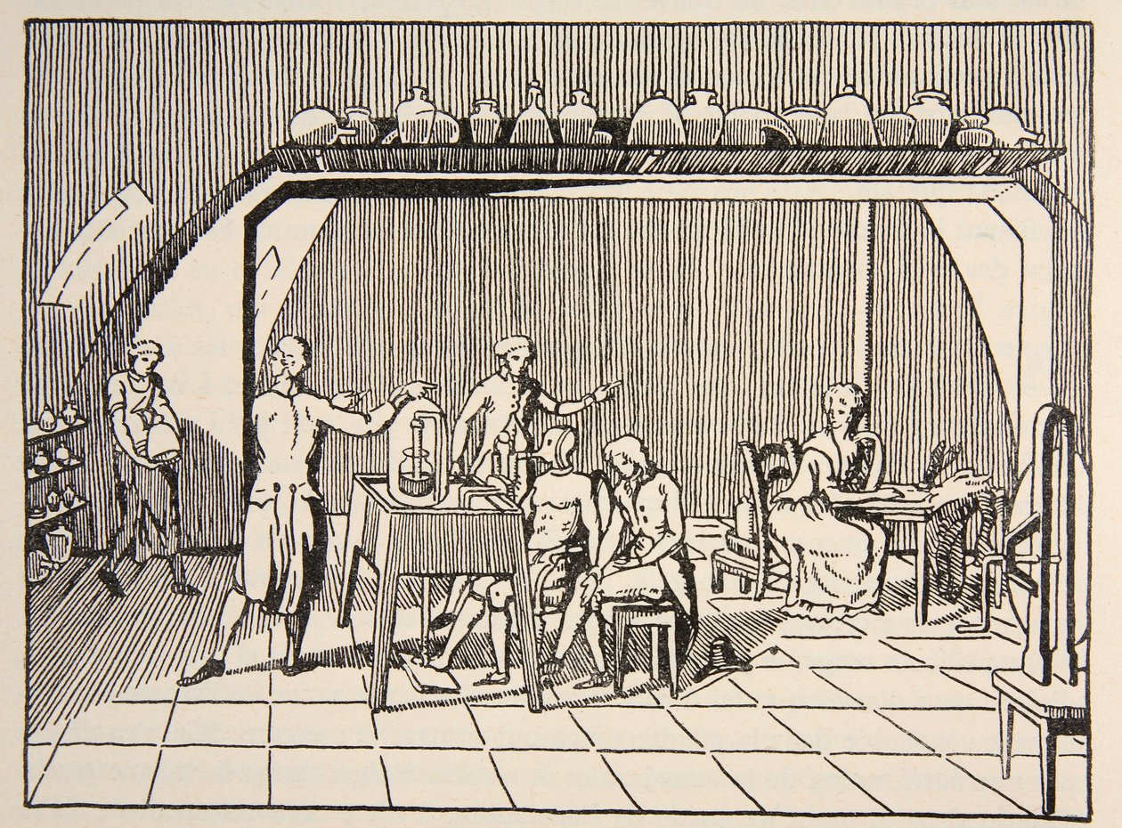 Et respirationseksperiment i Lavoisiers laboratorium, kopi af Boris Mestchersky (d.1957) illustration fra Histoire de la Nation Francaise, Sciences, bind I & II, af Gabriel Hanotaux (1853-1944) af French School