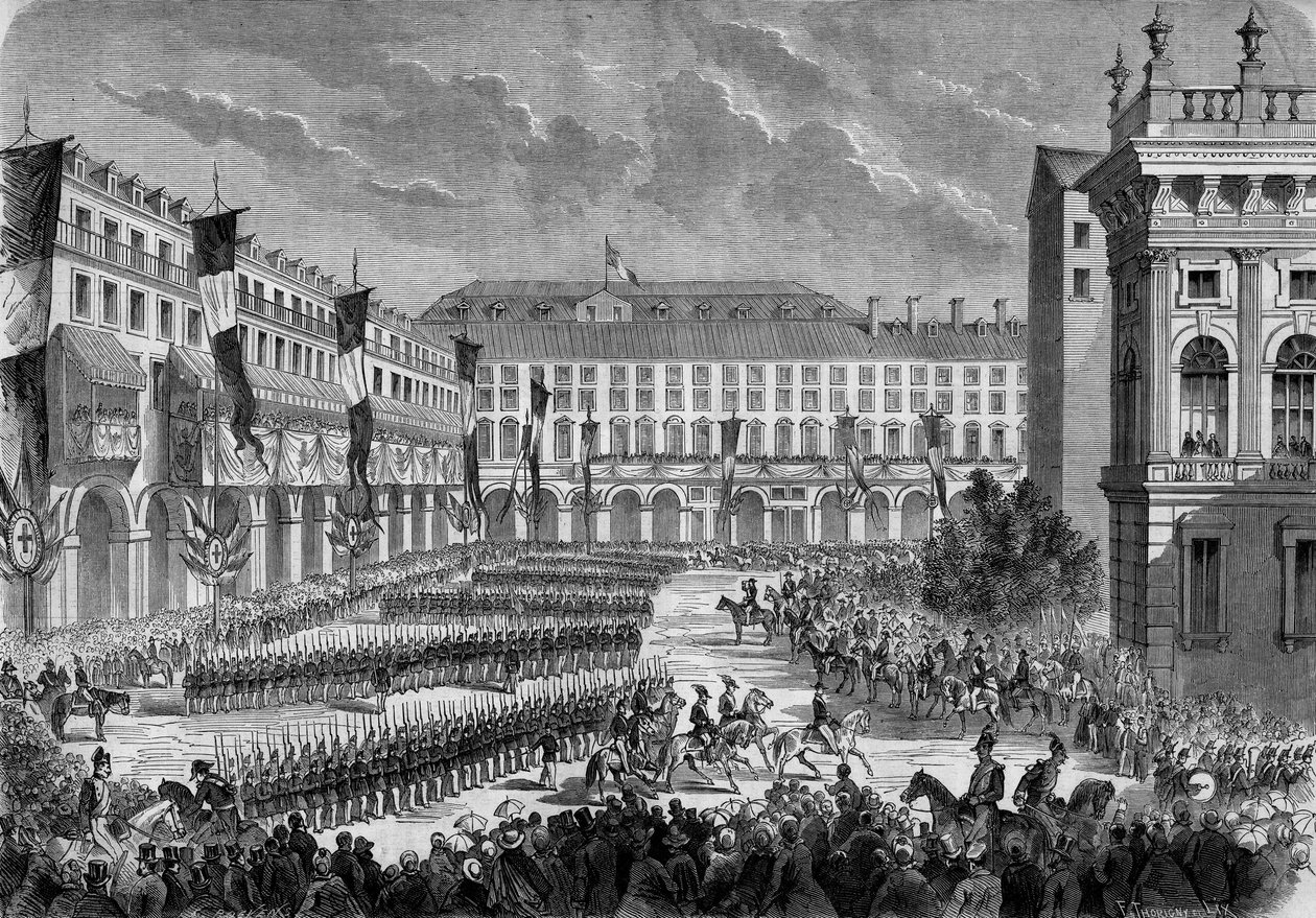En gennemgang af tropperne, der blev vedtaget af den italienske konge Victor Emmanuel II (Victor-Emmanuel) (Vittorio Emanuele) i Torino den 7. juni af French School