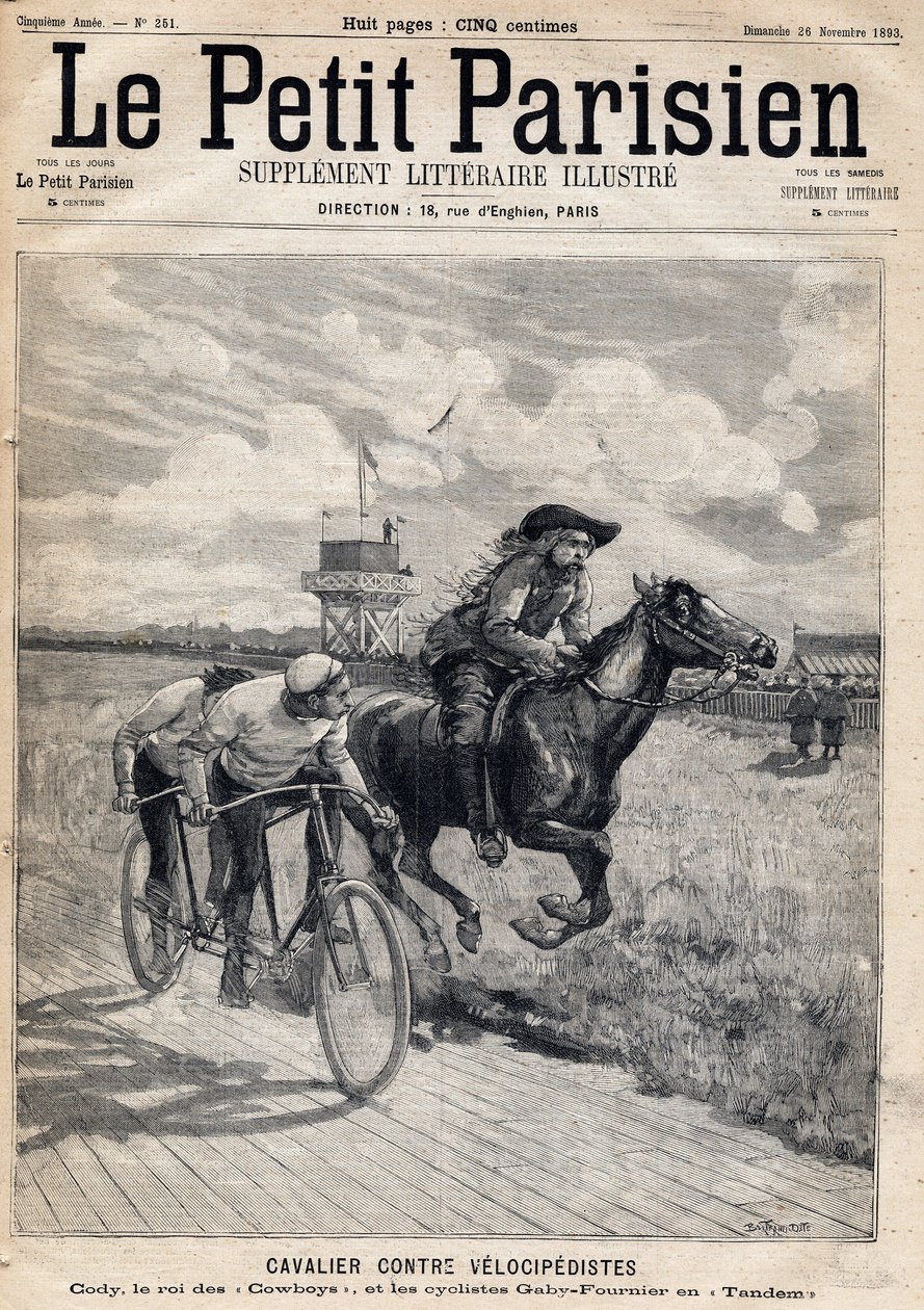En rytter kørte mod velocipisterne: William Frederic Cody (1846-1917), kendt som Buffalo Bill, kendt som King of the Cowboys og cykelrytterne Gaby og Fournier i Tandem. En af avisen "Le petit Parisien"" den 26.11.1893 (gravering) af French School