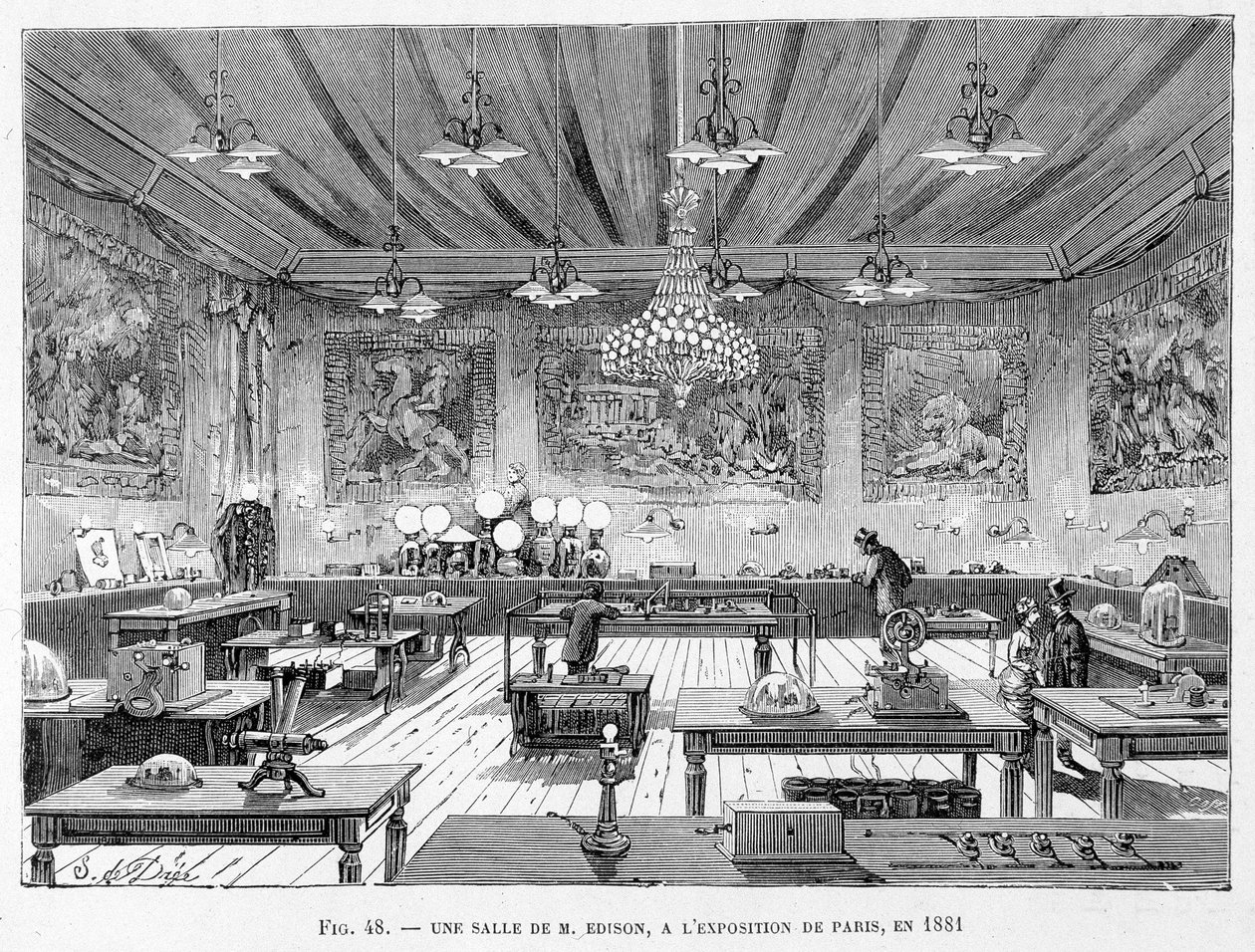 Et værelse af Mr. Edison på Paris-udstillingen i 1881 - i "The new conquests of science" af Louis Figuier af French School