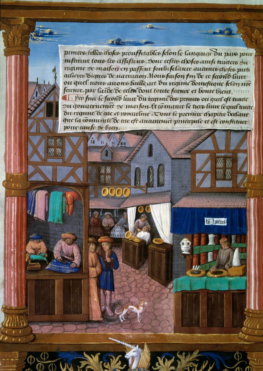 En rue de Paris med ekkopper i begyndelsen af ​​det 16. århundrede Manuskriptside taget fra "Livre du Gouvernement des Princes" "af Romain Gilles (16. århundrede) Paris, Bibliotheque de l