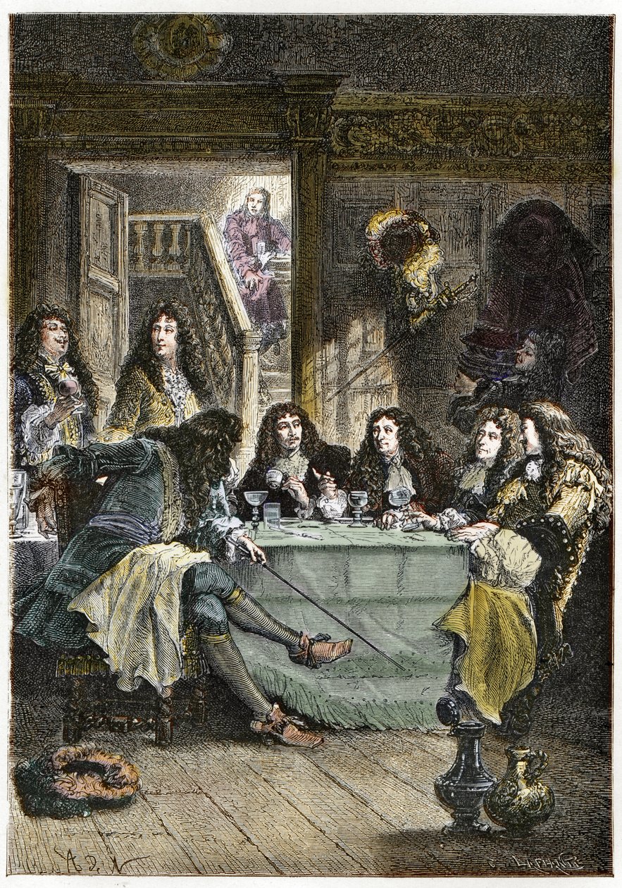 En salon (Cabaret), der samler de franske forfattere Jean de La Fontaine (1621-1695), Nicolas Boileau-Despreaux (Boileau Despreaux) (1636-1711), dramatikeren Jean Baptiste Poquelin dit Moliere (1622-1673) og digteren Jean Racine ( 1639-1699) - La Fontaine, af French School