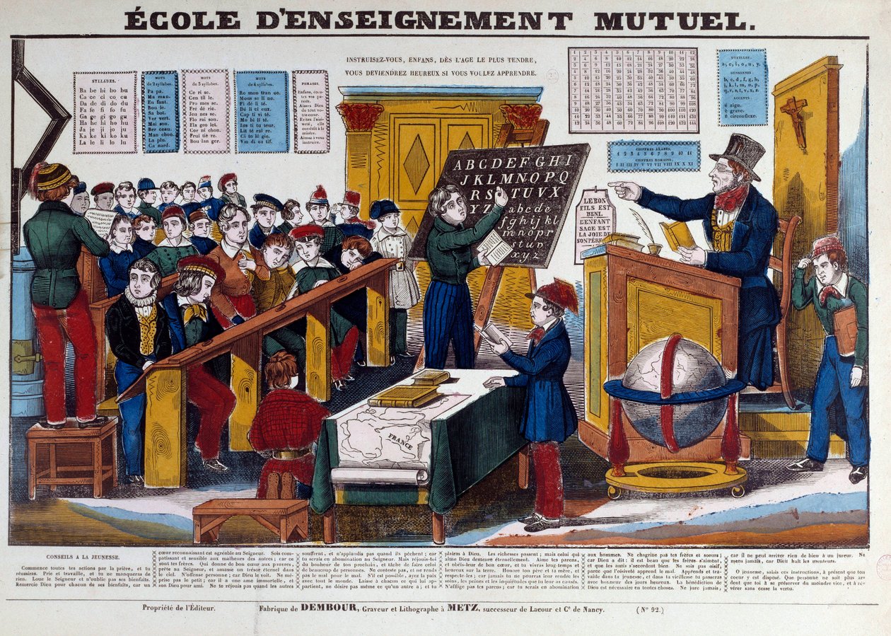 En skole med gensidig undervisning, der blev indført i Frankrig omkring 1815. Gravering fra det 19. århundrede Paris, Musee Carnavalet af French School