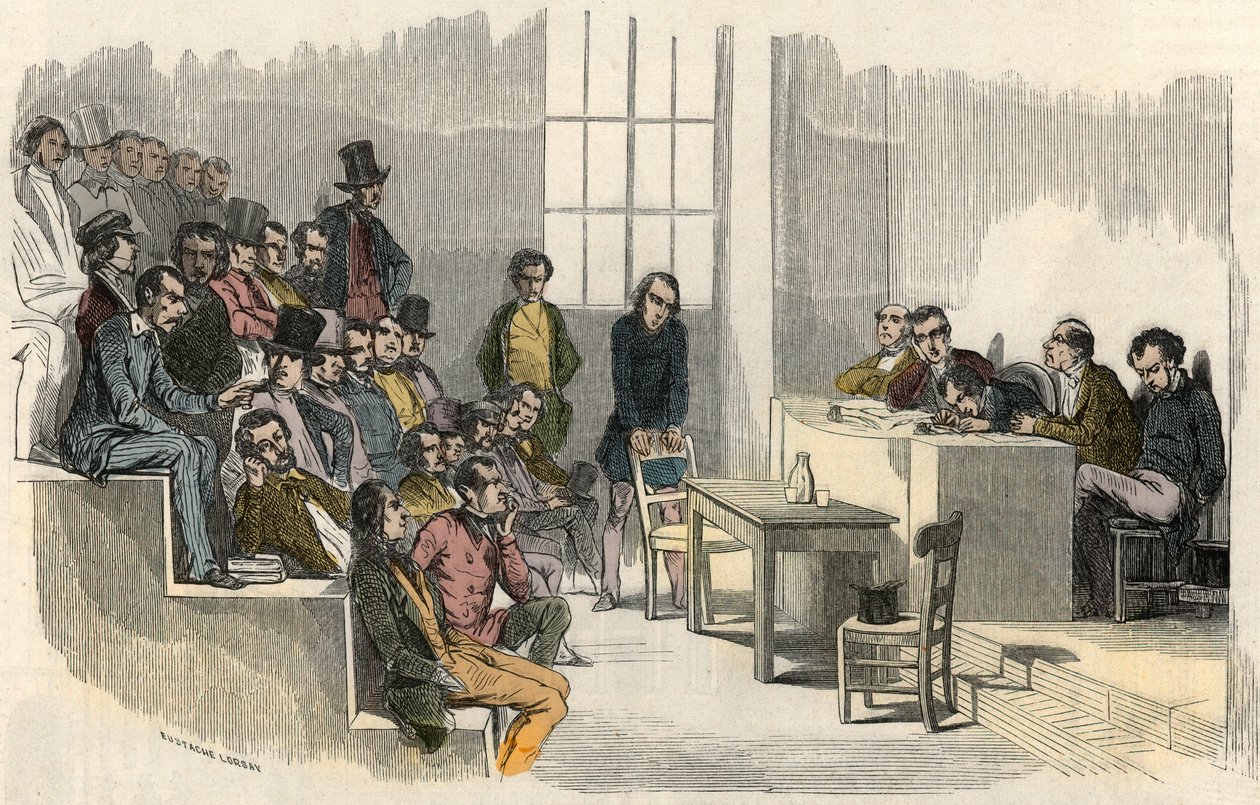 En seance af aggregationskonkurrencen på Sorbonne i Paris i det 19. århundrede - Indgravering i "" Tableau-de-Paris"" af Edmond Texier 1852 af French School