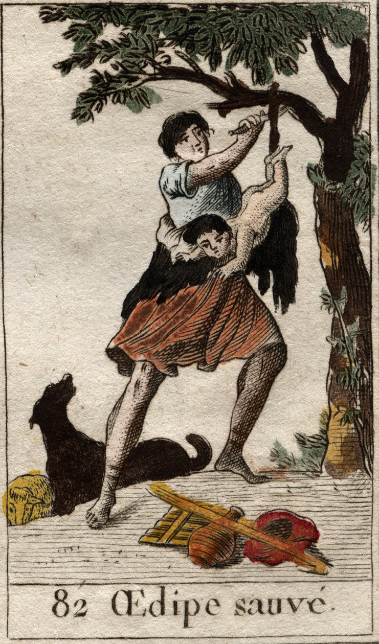En hyrde redder Ødipus som barn, forladt af sine forældre på grund af presset fra Pythias orakel (Ødipus forladt af sine forældre på grund af Pythias orakel bliver reddet af en hyrde). Fra "Mythology of Youth" af Pierre Blanchard 1 af French School