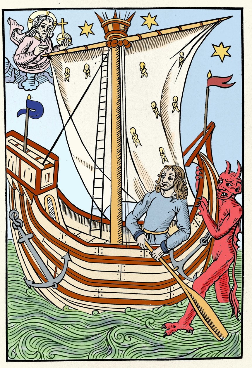 Et skib blandt havets farer. En dæmon har grebet stævnen, mens Gud manifesterer sig til venstre. Kobberstik fra "Hyrdernes store kalender og kompost", Troyes 1491 af French School