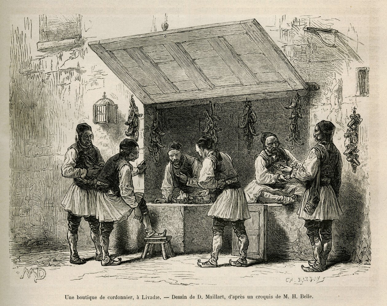 En skomagerbutik og hans kundekreds i Livadie, tegning af D. Maillard, for at illustrere historien om Henri Belle: Voyage en Greece af French School