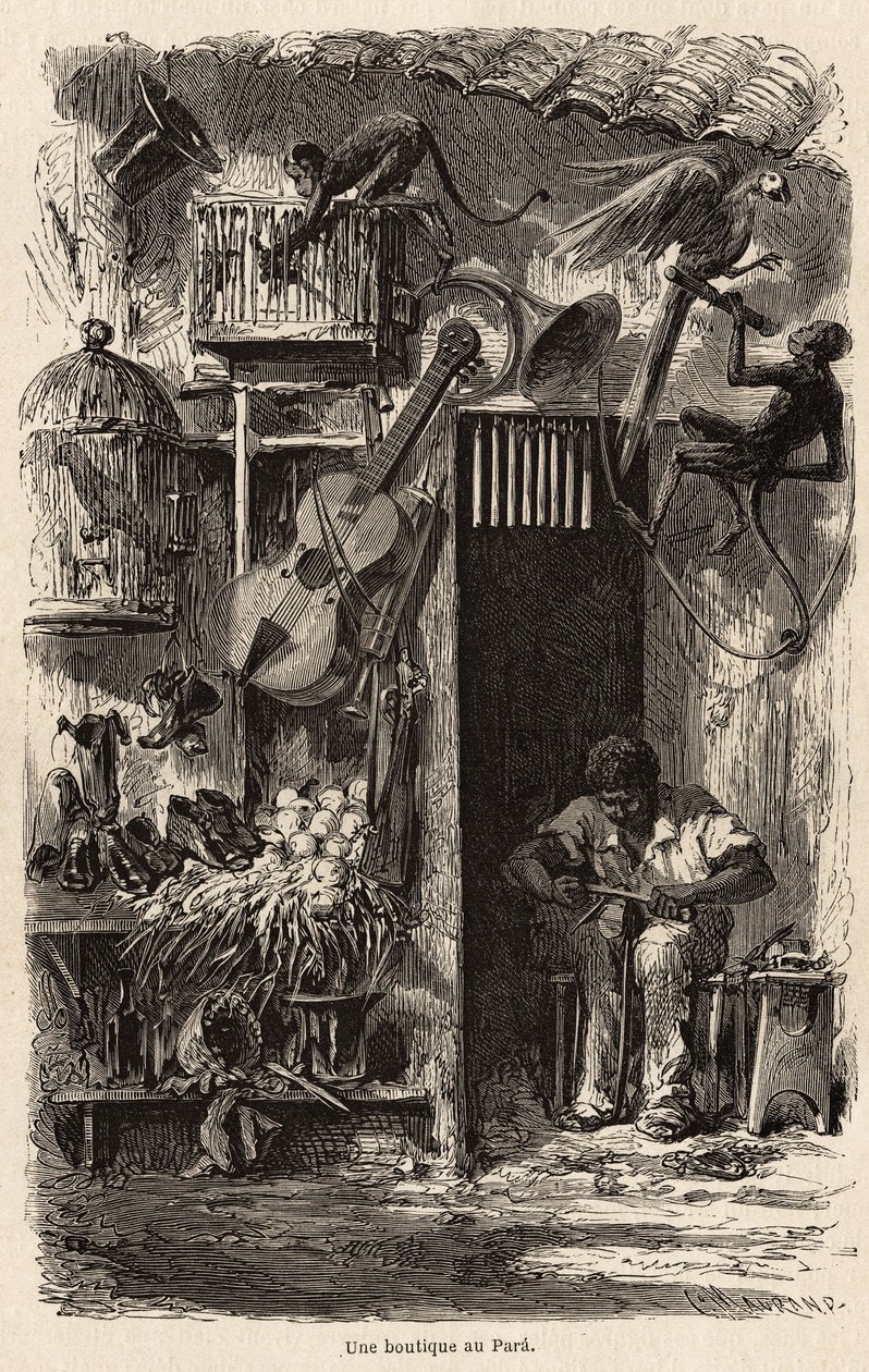En butik ved Para, illustration til Mr.Biards tur til Brasilien i 1858-1859. Stik i “” Le tour du monde”” 1861. Selvas samling. af French School