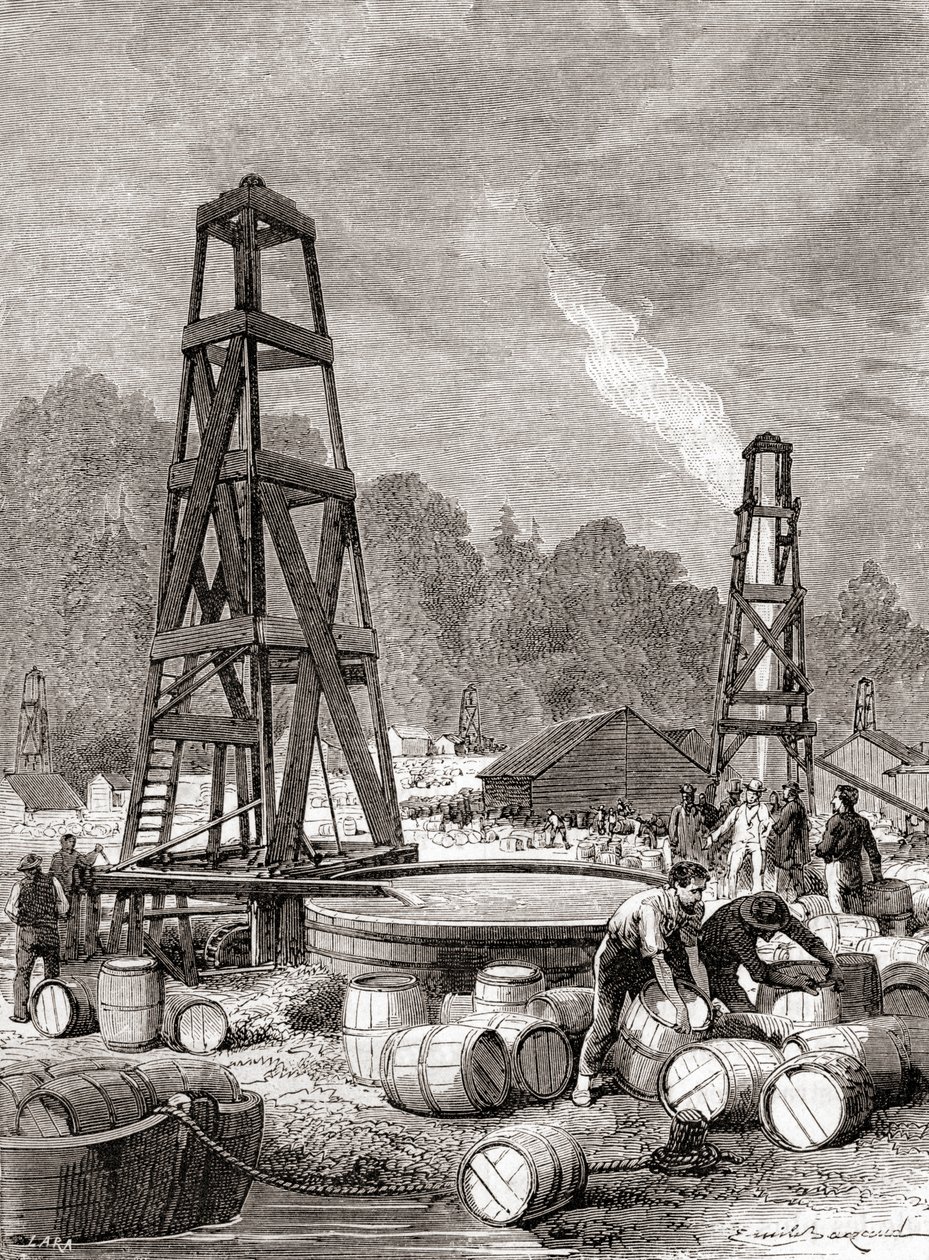 En oliekilde ved Oil Creek ved Allegheny River, Pennsylvania, U.S.A. i 1858, opdaget af Edwin Laurentine Drake, alias oberst Drake, fra 