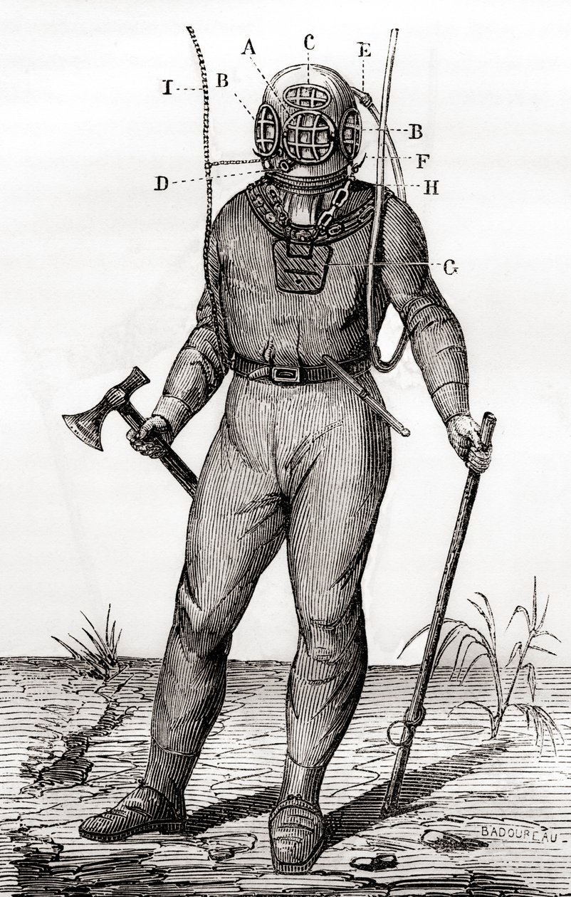 En standard dykkerdragt patenteret af Joseph-Martin Cabirol i 1855, fra 