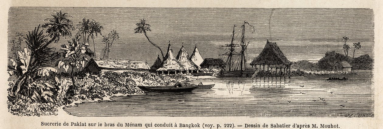 En sukkerfabrik i Paklat, på armen af Menam, Thailands hovedflod, tegnet af Sabatier, for at illustrere Henri Mouhots rejse til kongerigerne Siam, Cambodja og Laos fra 1858 til 1861. Indgravering i "" Le tour du monde" ”, redigeret af Edouard Charto af French School