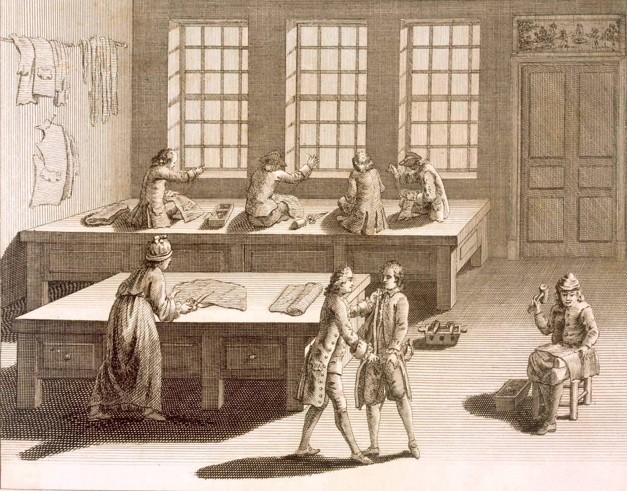 Et skrædderværksted fra Encyclopedie des Sciences et Metiers af Denis Diderot (1713-84) udgivet ca. 1770 af French School