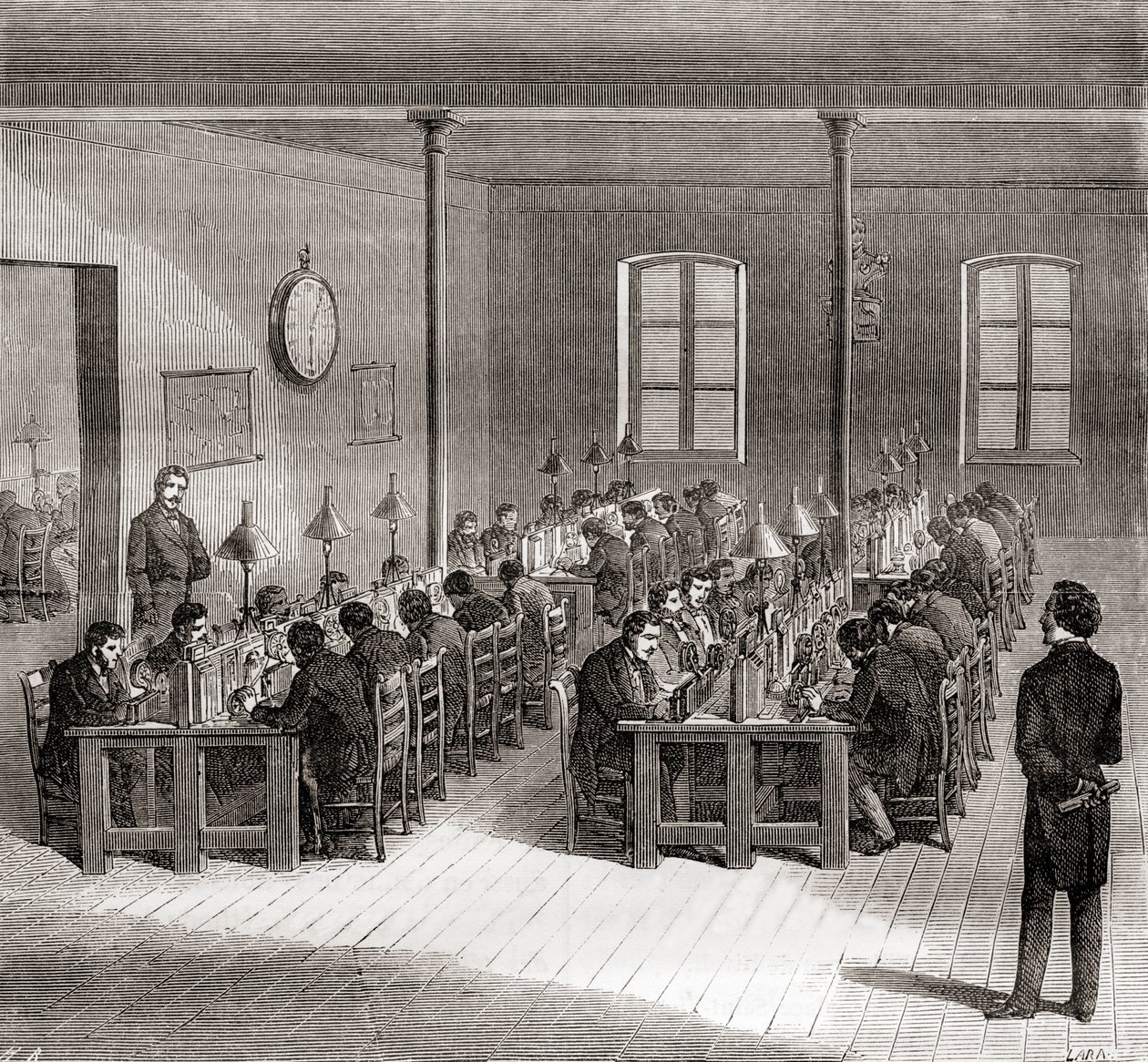 En telegrafstation i Paris, Frankrig ca. 1870, fra Les Merveilles de la Science, udgivet ca. 1870 (gravering) af French School