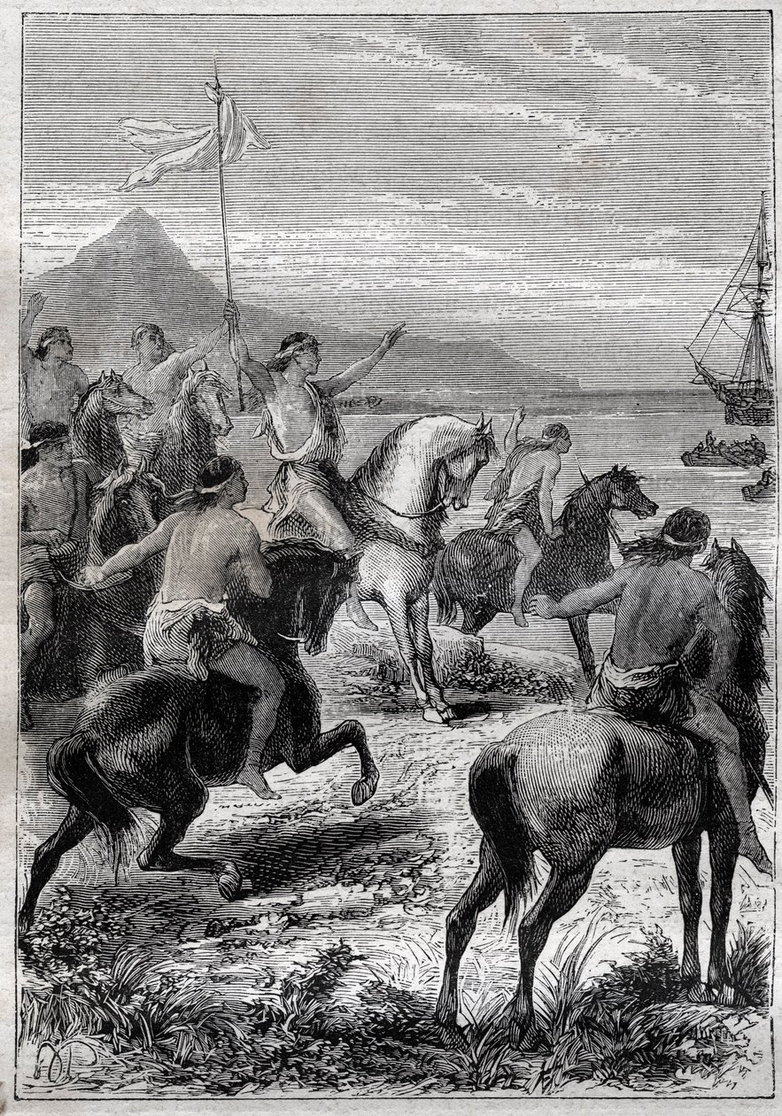 En flok mænd til hest bar et hvidt flag: Viceadmiral John Byron (1723-1786) modtaget af de indfødte i Cape des Virgins, ved den østlige udmunding af Magellans Detroit i 1764 - illustration fra "The Great Mariners of the 18th century" ”” af French School