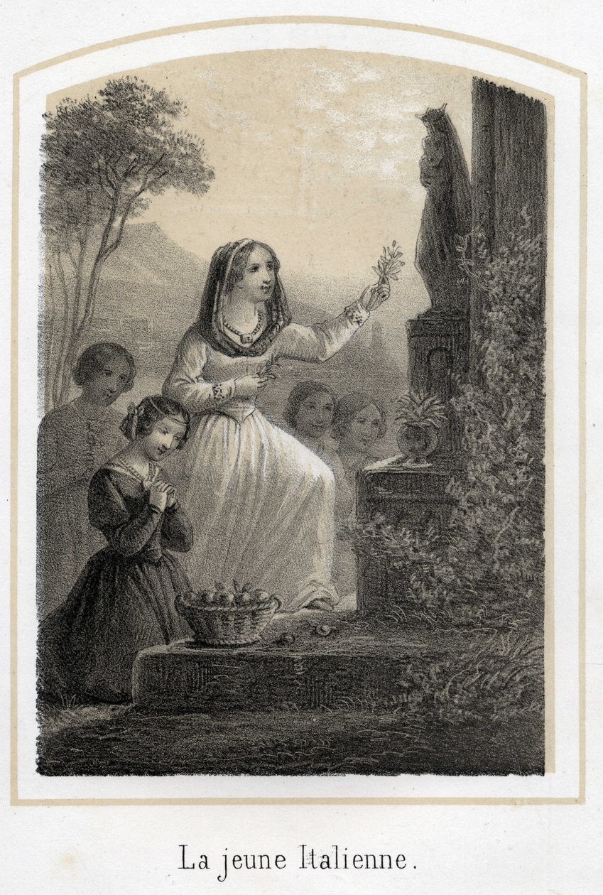 En meget from ung italiensk kvinde hylder Jomfru Maria ved at give hende en olivengren. Anonym gravering af det 19. århundrede af French School