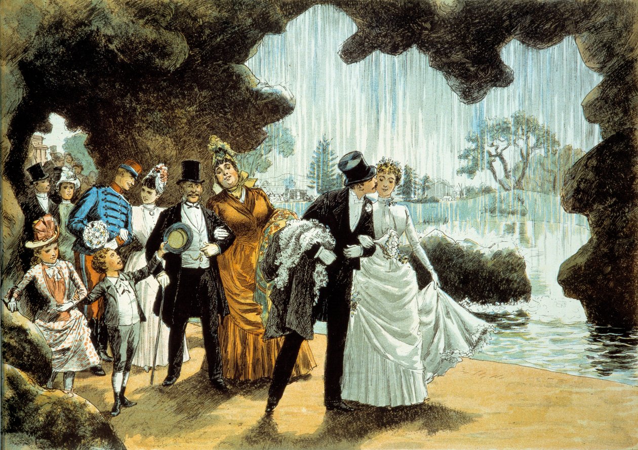 Et bryllup har et vandfald. Ægtepar ved Parc des Buttes Chaumont (). Tryk fra slutningen af det 19. århundrede Privatsamling af French School