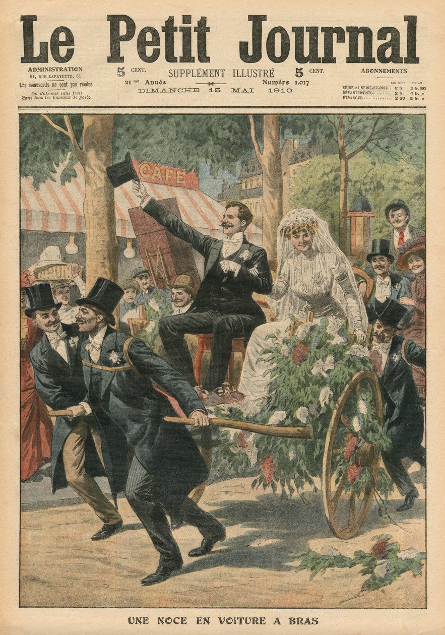 Et bryllup på en håndkærre, illustration fra Le Petit Journal, supplement illustre, 15. maj 1910 af French School