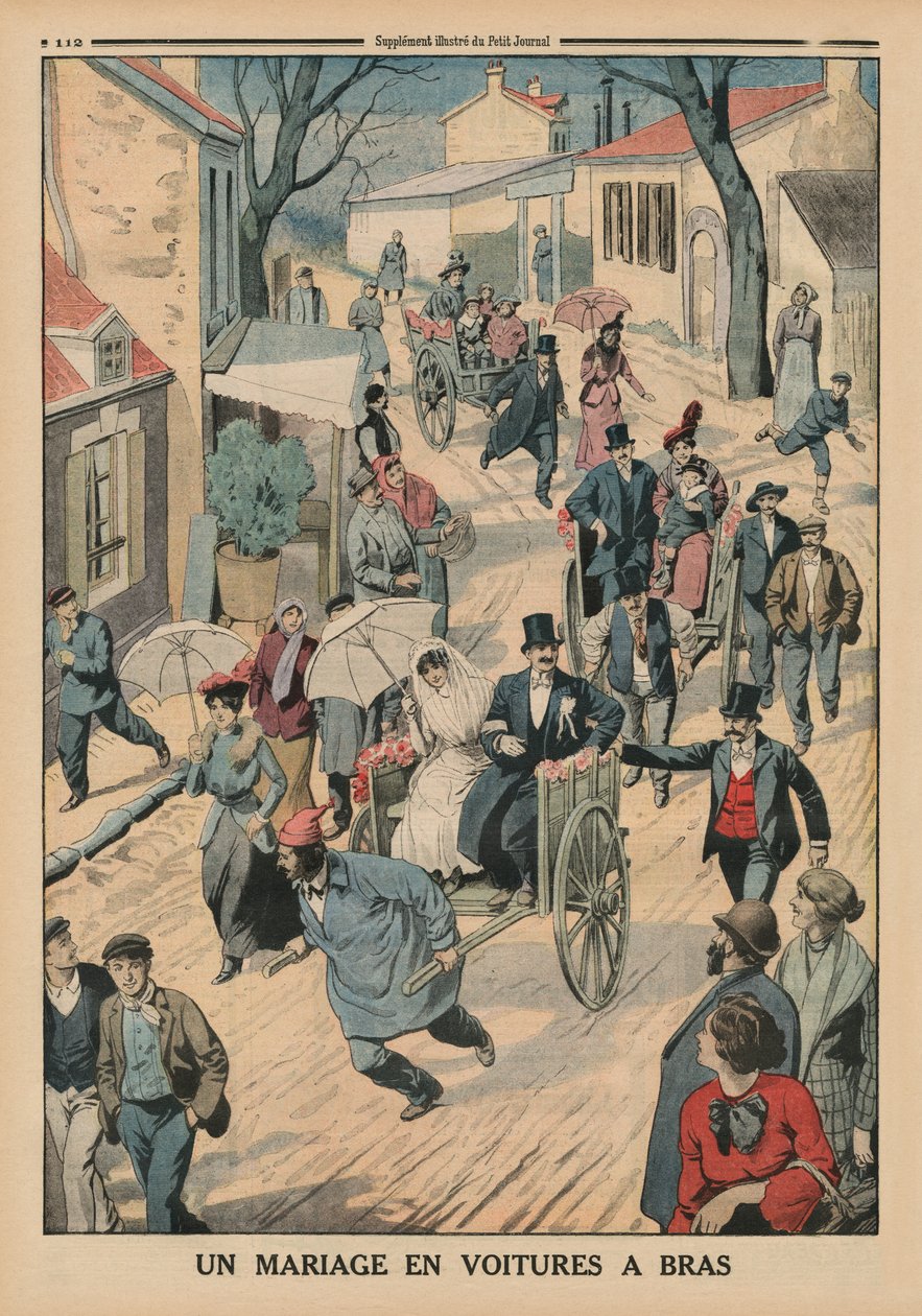 Et bryllup på håndkærrer, bagsideillustration fra Le Petit Journal, supplement illustre, 5. april 1914 af French School