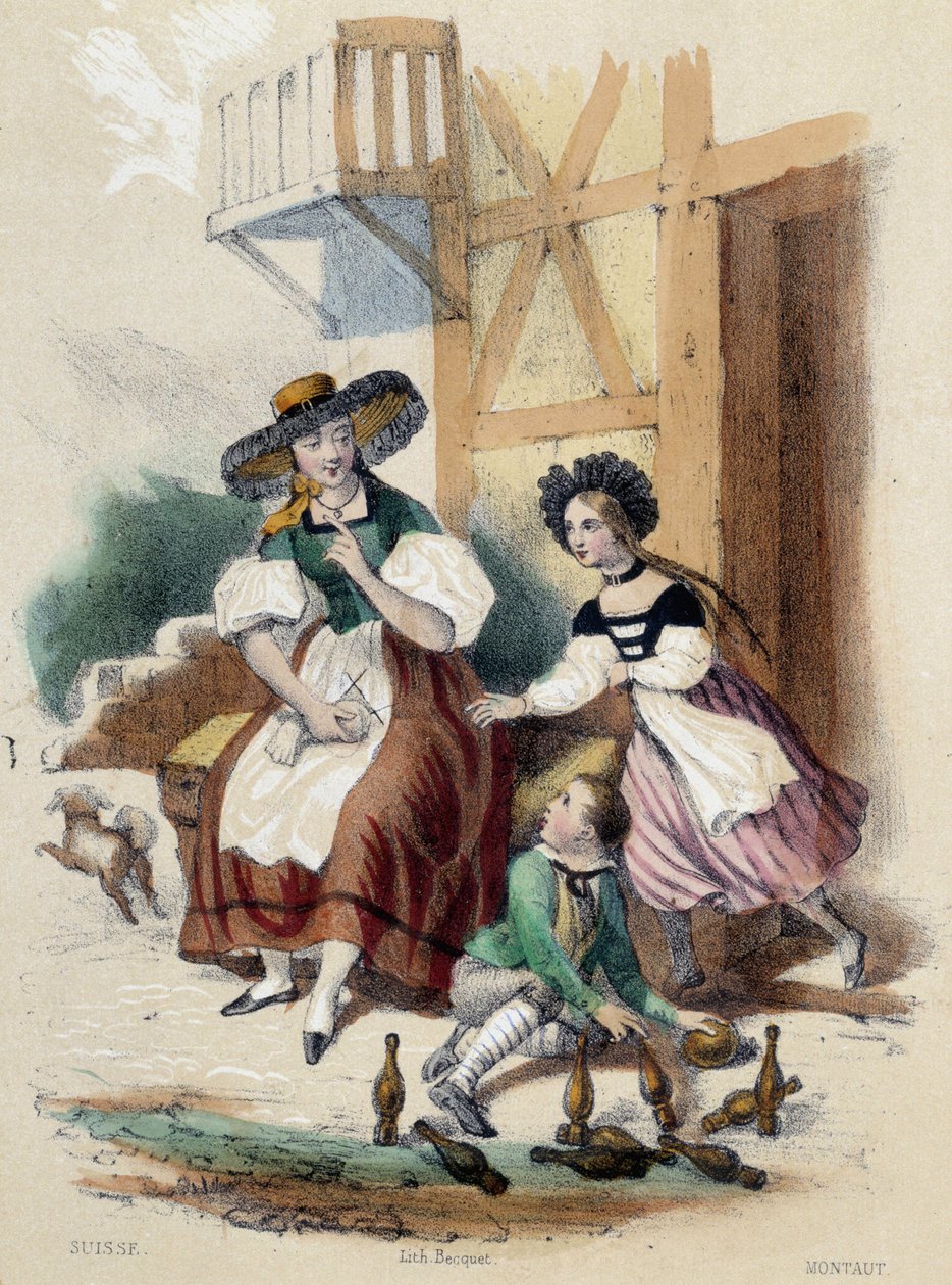 En kvinde og 2 børn, der spiller bowling; illustration til Schweiz - i "Les twelve Nations"" af M.E Fouinet af French School
