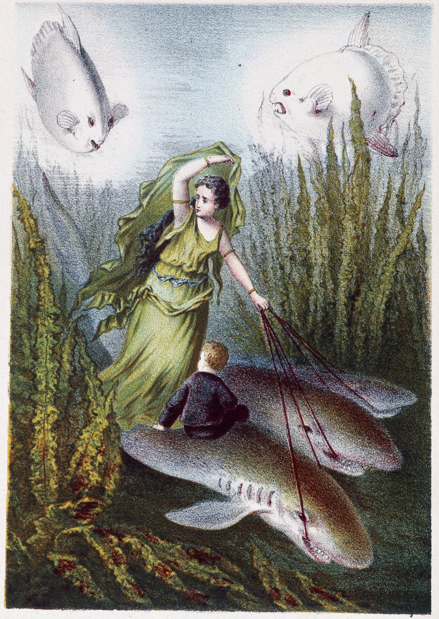 En kvinde og en dreng flygter fra kæmpefisk på hajer - i "Rejsen til havets bund" af H. de la Blanchère. Paris, red. Jouvet et Cie, sd. 1880. (dobbelt 02944) af French School