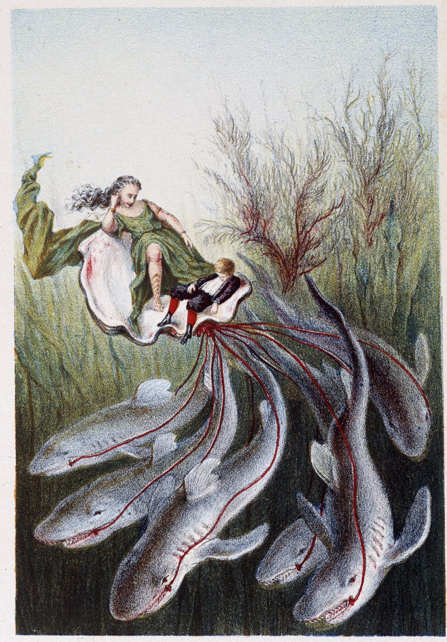 En kvinde og en dreng på en tank ledet af hajer - i "Rejsen til havets bund" af H. de la Blanchère. Paris, red. Jouvet et Cie, sd. 1880. (dobbelt 02946) af French School