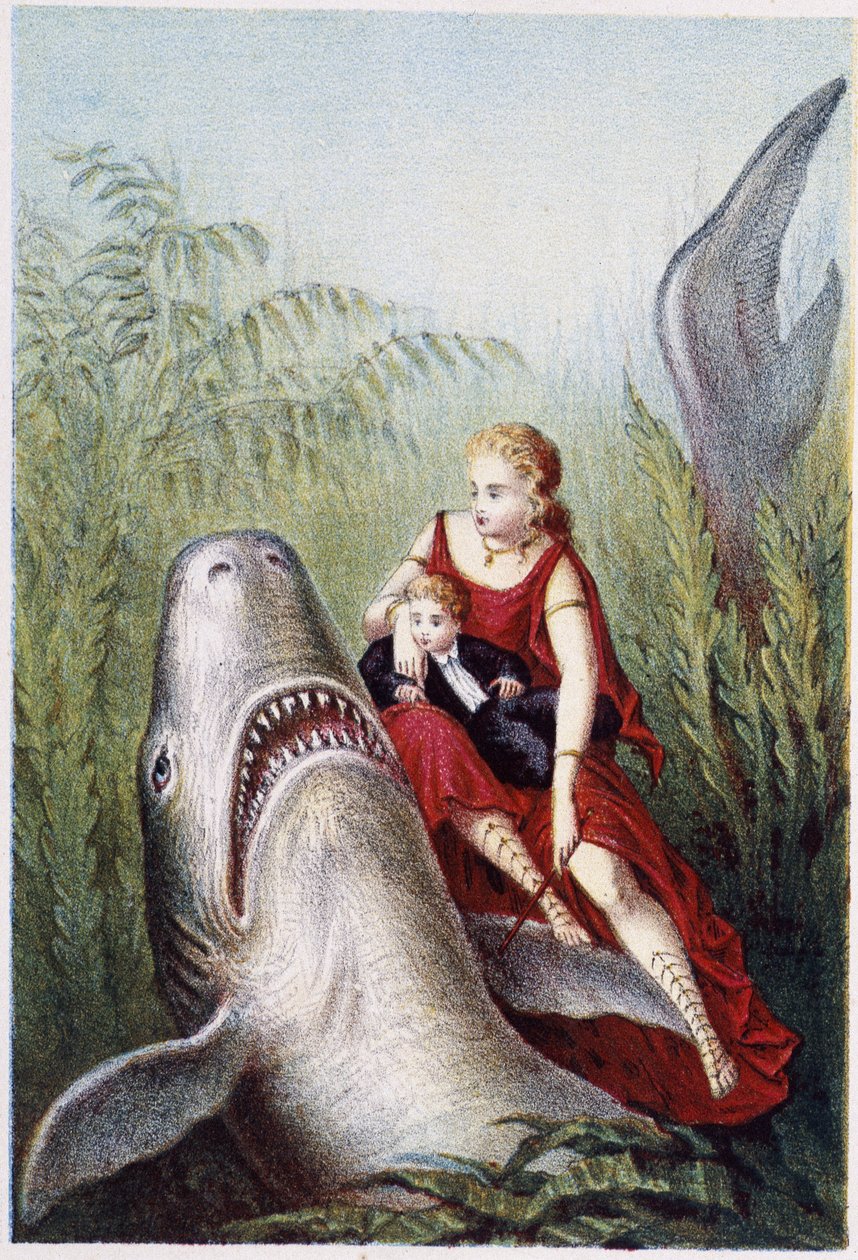 En kvinde og en dreng rider på en haj - i "" Rejse til havets bund"" af H. de la Blanchère. Paris, red. Jouvet et Cie, sd. 1880. af French School
