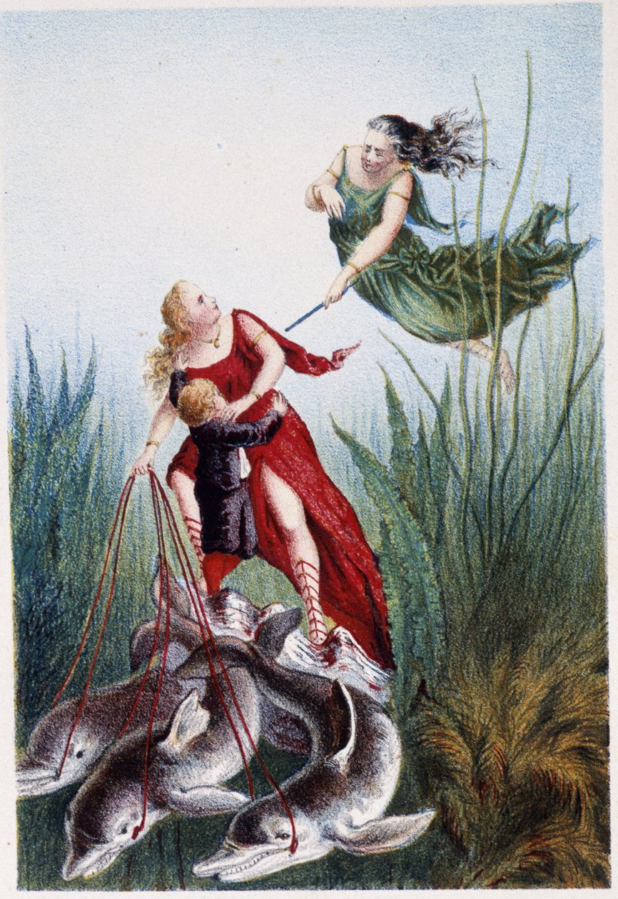En kvinde angriber en anden kvinde og en dreng ledet af delfiner - i "" Rejse til havets bund"" af H. de la Blanchère. Paris, red. Jouvet et Cie, sd. 1880. (dobbelt 02947 og 02952) af French School