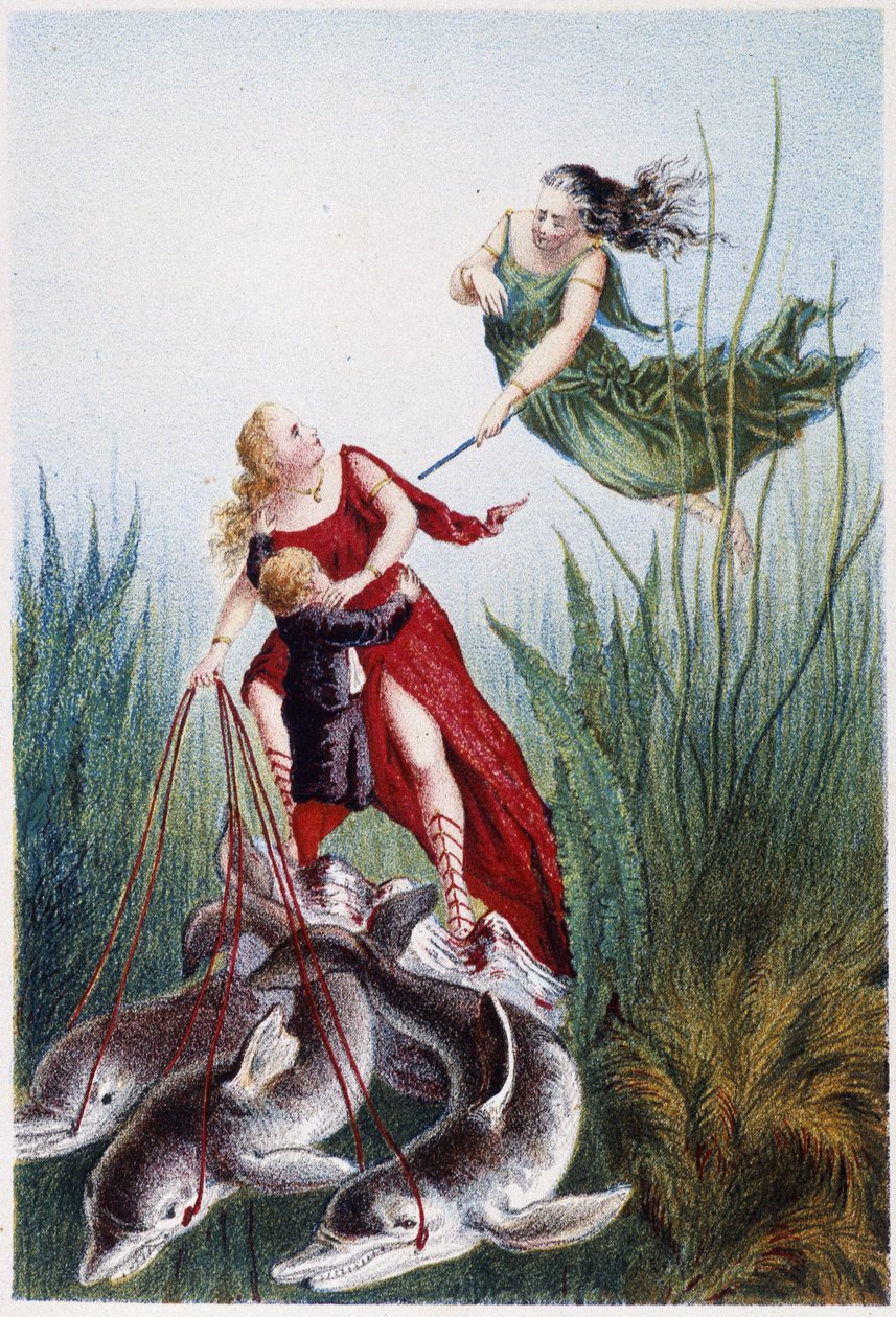 En kvinde angriber en anden kvinde, og en dreng føres af delfiner - i "Rejsen til havets bund" af H. de la Blanchère. Paris, red. Jouvet et Cie, sd. 1880. (dobbelt 02947) af French School
