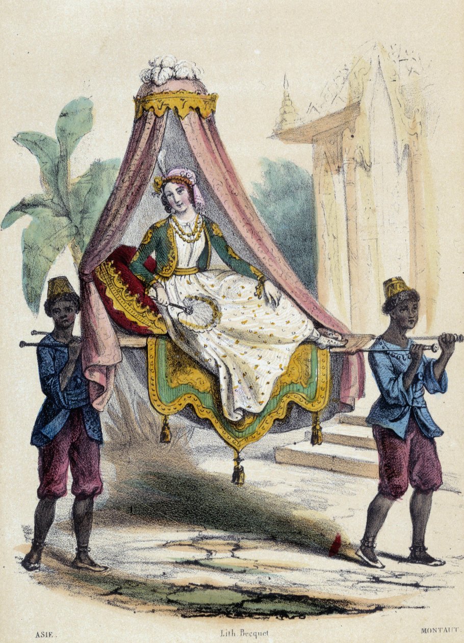 En kvinde båret i en palanquin af 2 tjenere; illustration for Asien, -i “De tolv nationer”” af M.E Fouinet af French School