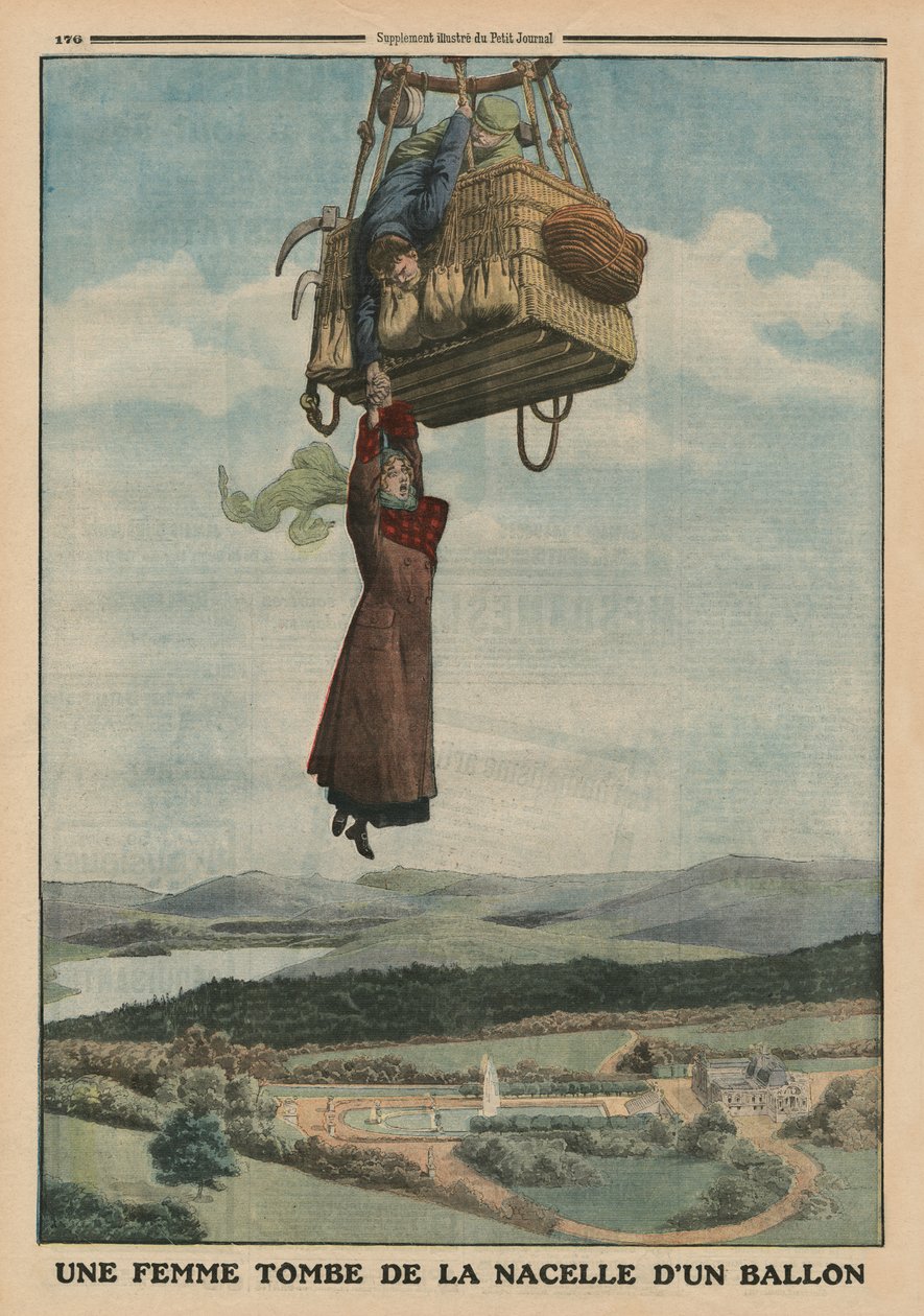 En kvinde falder ned fra en ballons gondol, bagsideillustration fra 
