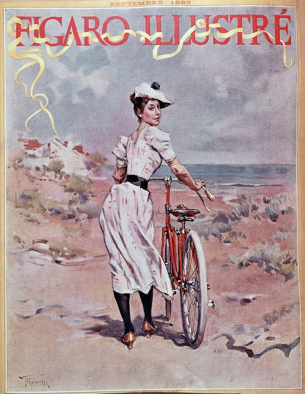 En kvinde, der kører på cykel. Omslag "" Figaro illustreret"" af French School