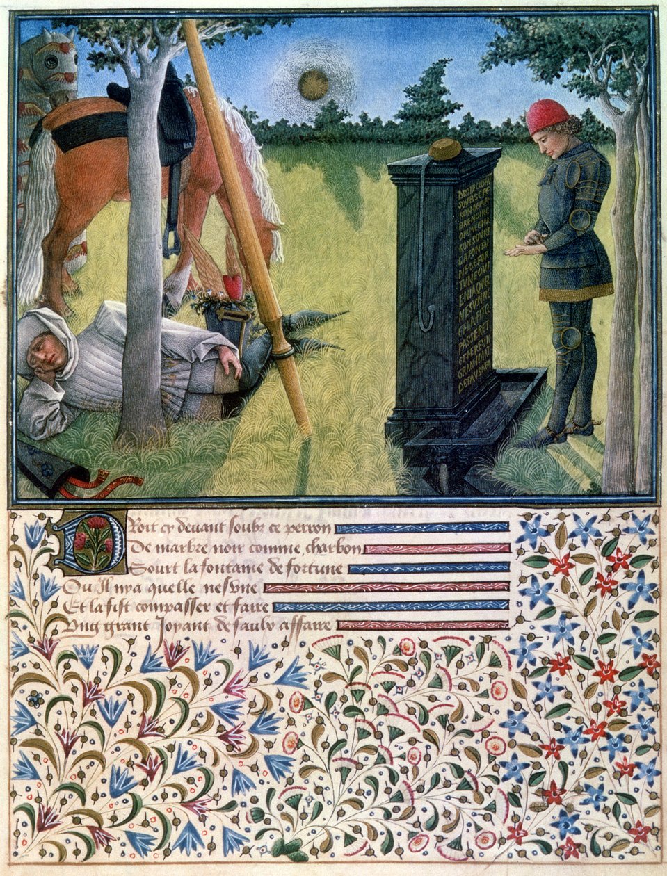 En ung ridder står foran en gravsten, mens hans tjener sover i nærheden af deres heste, fra Livre du Coeur dAmours Espris af Rene dAnjou, 1465 af French School