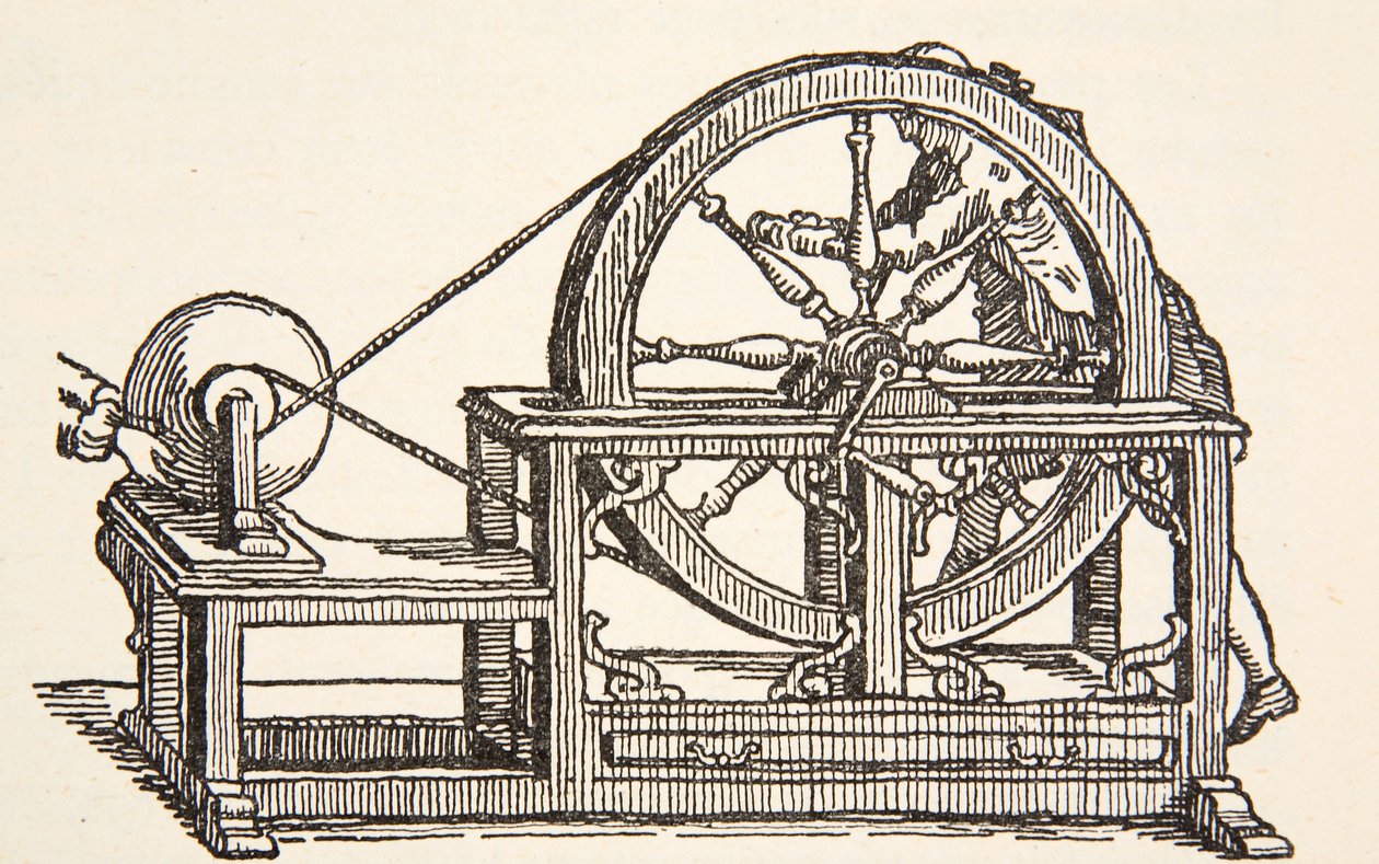 Abbe Nollets elmaskine, 1746, kopi af Boris Mestchersky (d.1957) illustration fra Histoire de la Nation Francaise, Sciences, bind I & II, af Gabriel Hanotaux (1853-1944), 1924 af French School