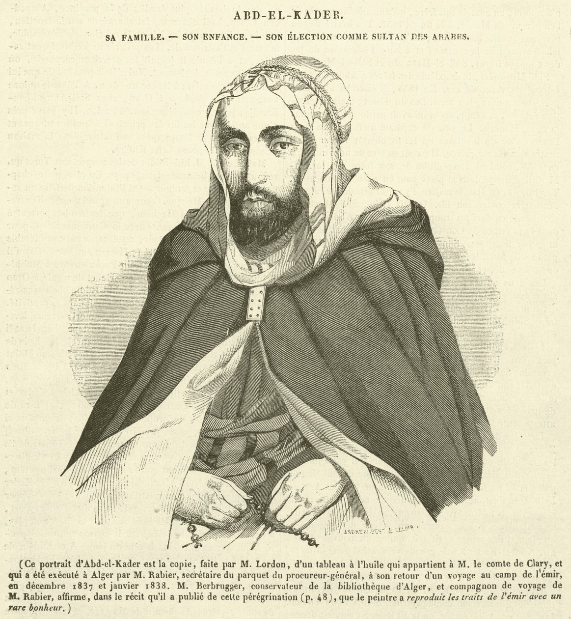 Abd-el-Kader, hans familie, hans barndom, hans valg som arabernes sultan (kobberstik) af French School