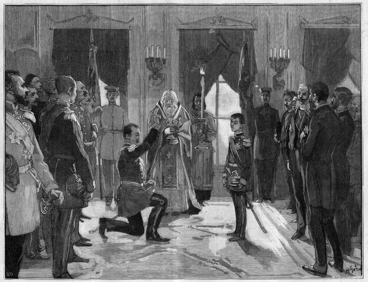 Abdikation af kong Milano 1. af Serbien (1854-1901), 7. marts 1889: den tidligere konge aflægger en ed om lydighed og troskab til sin søn, Alexander 1. af Serbien (1876-1903), som han netop har abdiceret for. Indgravering i "" Le Monde Illustré"" nr. 1666  af French School