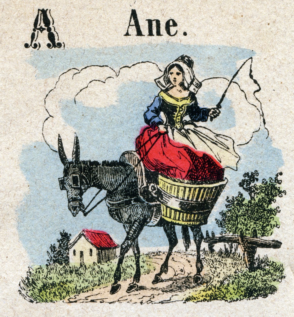 Abecedary. Bogstav A som æsel. Lille encyklopædisk alfabet, populær serie. Epinal billeddannelse, slutningen af det 19. århundrede af French School