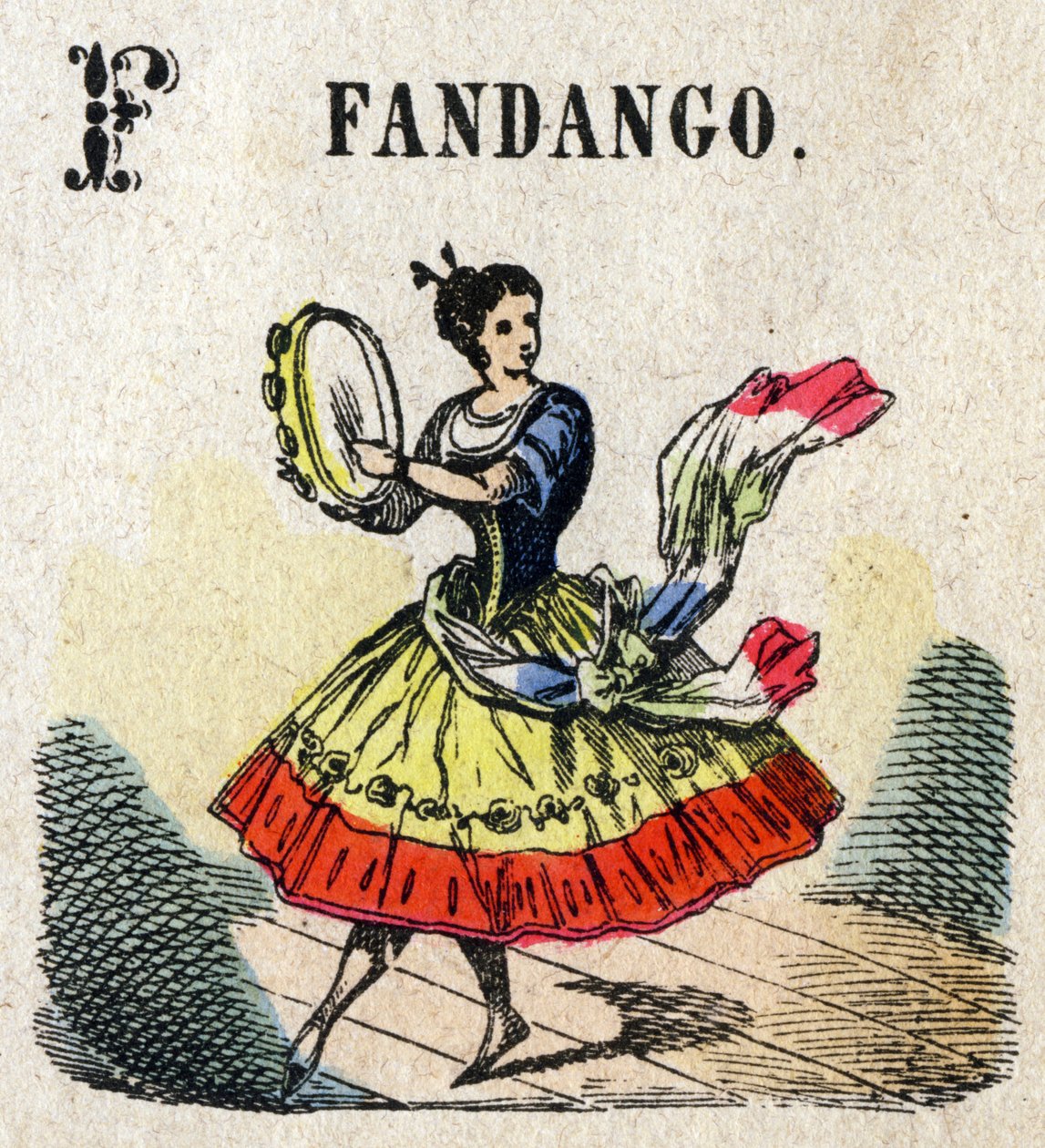 Abecedary. Bogstav F som Fandango. Lille encyklopædisk alfabet, populær serie. Epinal billeddannelse, slutningen af det 19. århundrede af French School