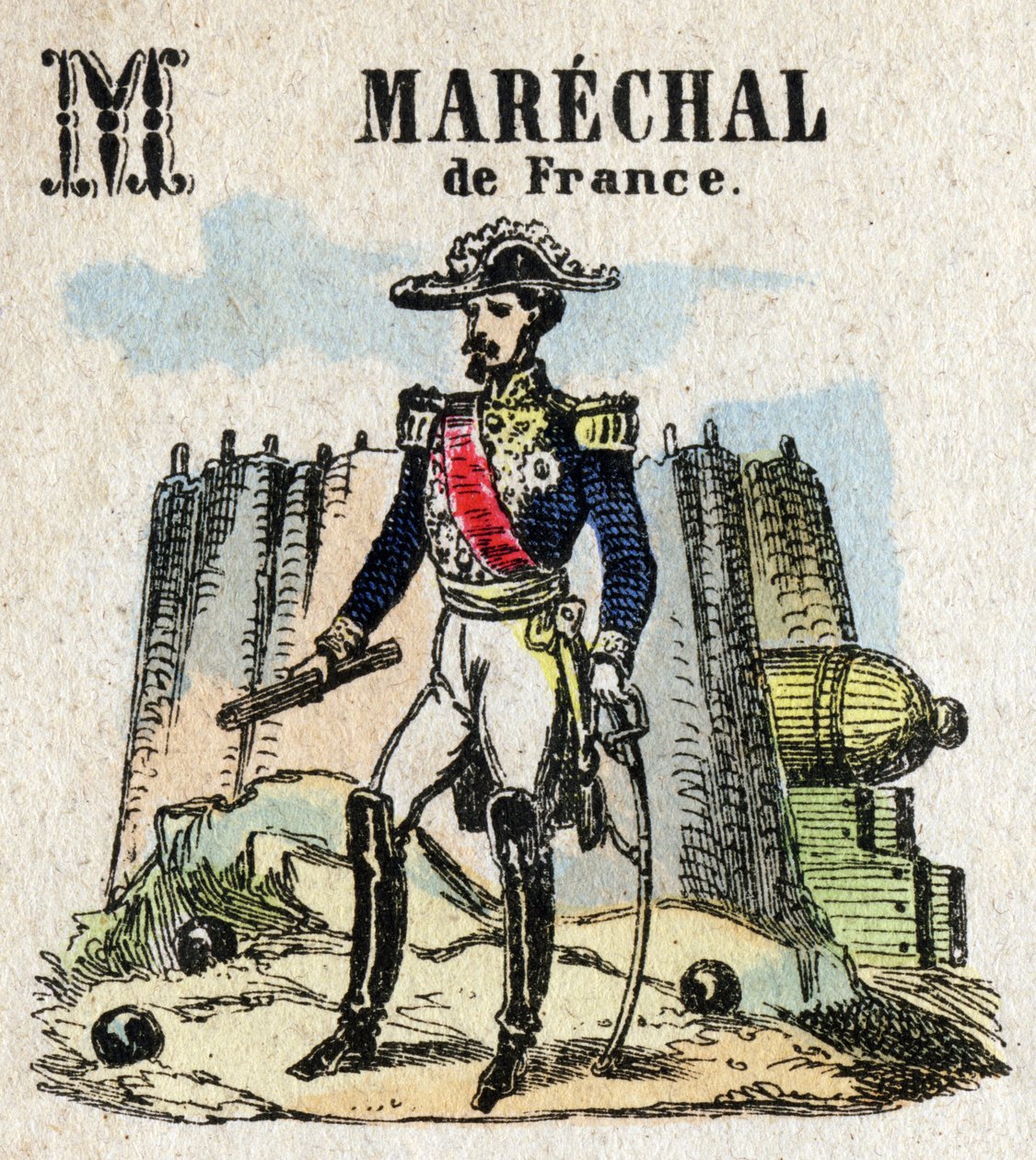 Abecedary. Bogstav M som Marechal af Frankrig. Lille encyklopædisk alfabet, populær serie. Epinal billeddannelse, slutningen af det 19. århundrede af French School