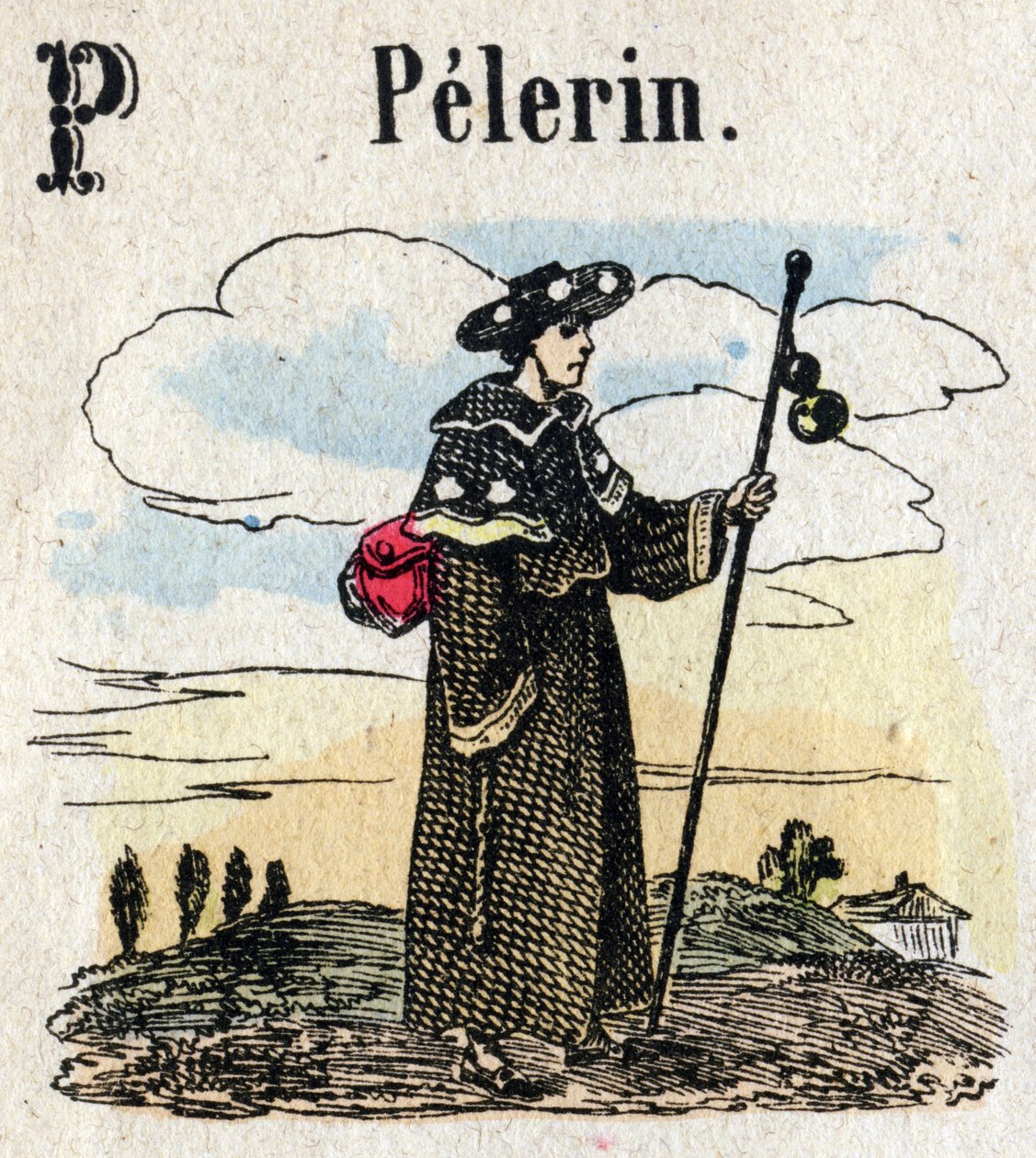 Abecedary. Bogstav P som Pelerin. Lille encyklopædisk alfabet, populær serie. Epinal billeddannelse, slutningen af det 19. århundrede af French School
