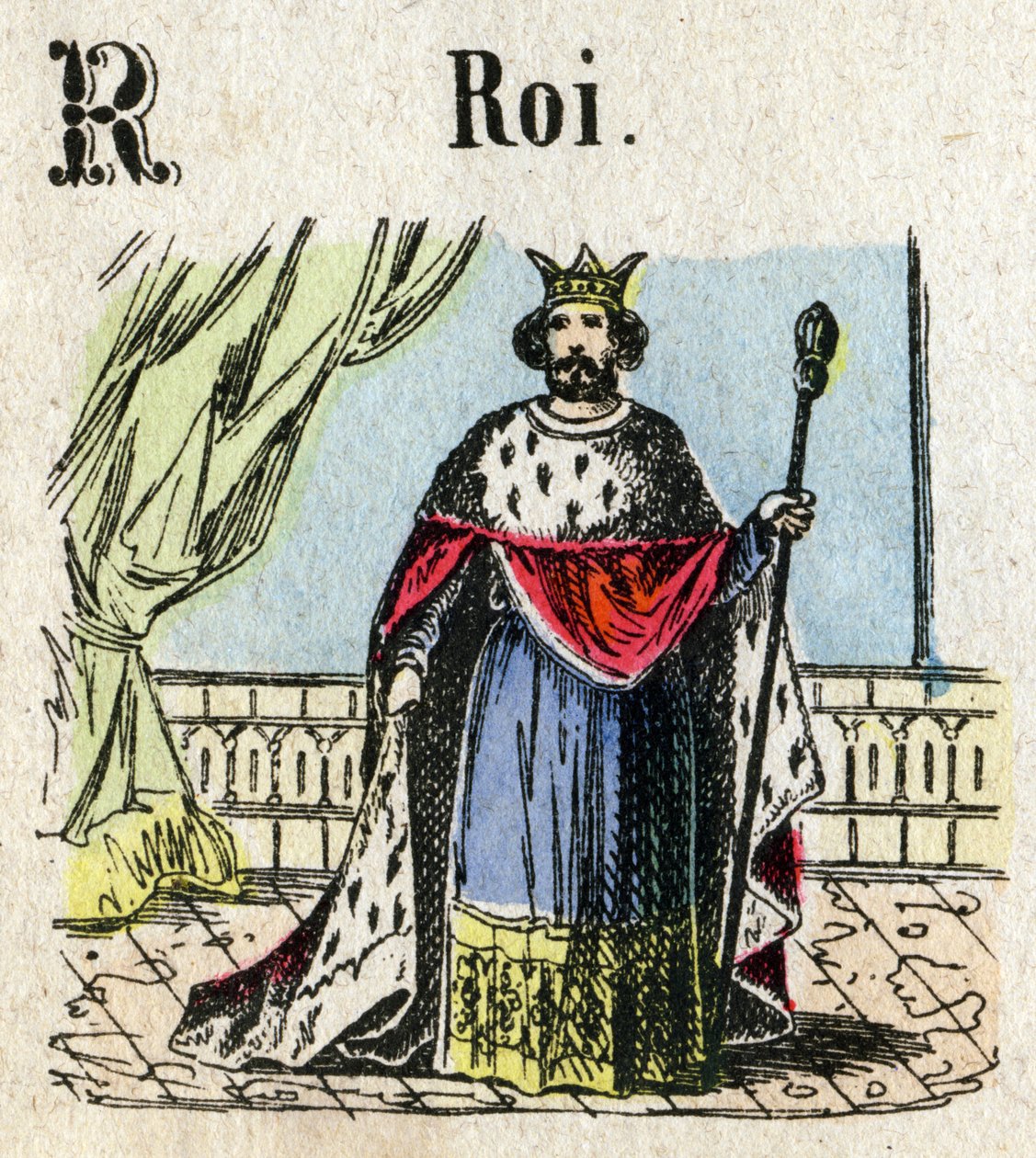 Abecedary. Bogstav R som Konge. Lille encyklopædisk alfabet, populær serie. Epinal billeddannelse, slutningen af det 19. århundrede af French School